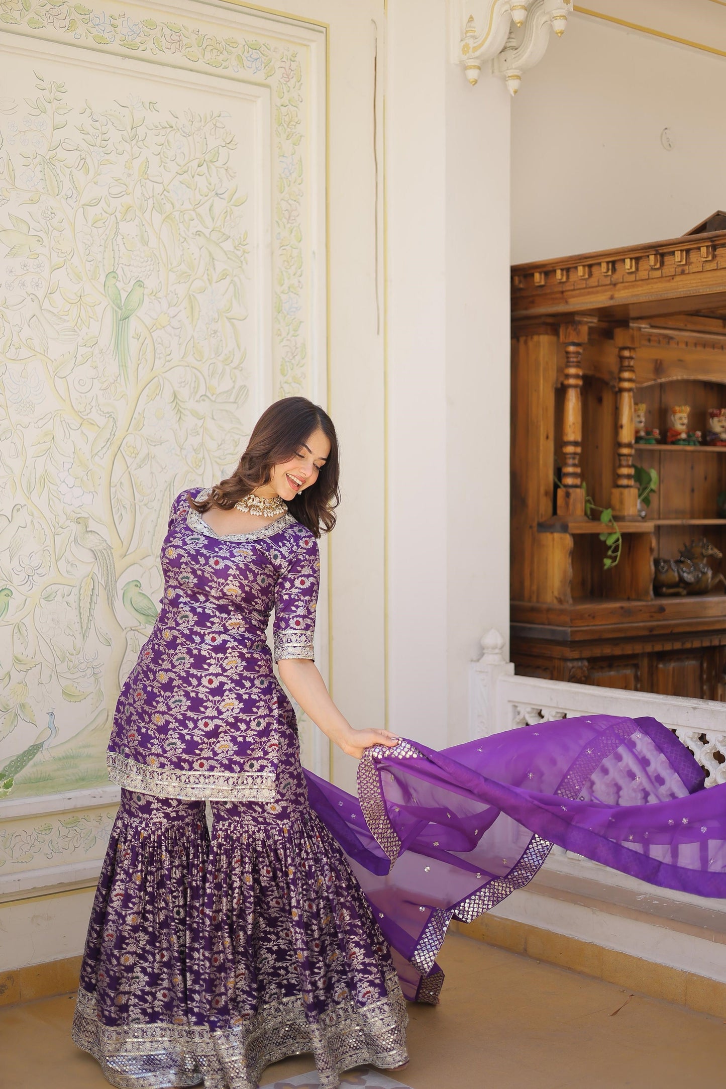 Function Wear Jacquerd Pink, Cream & Purple Color Sharara Suit