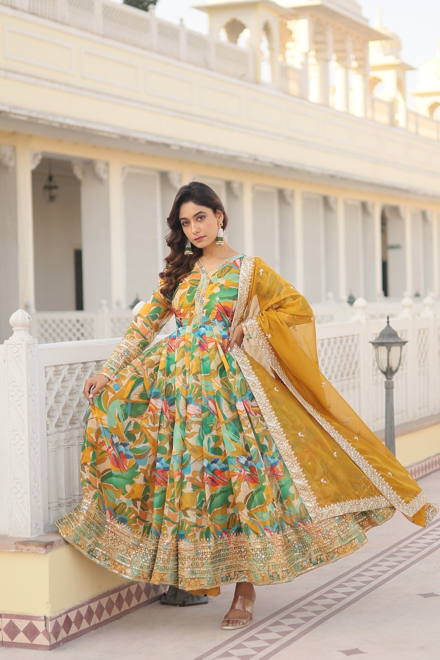 Fantastic Pink And Perrot Multi Digital Printed Gown With Dupatta