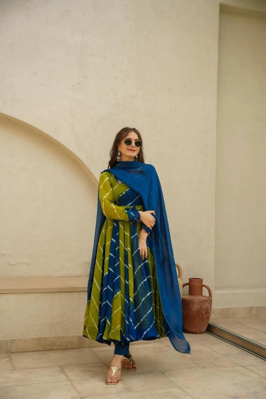 Tranding Yellow And Blue Organza Anarkali Suit Set