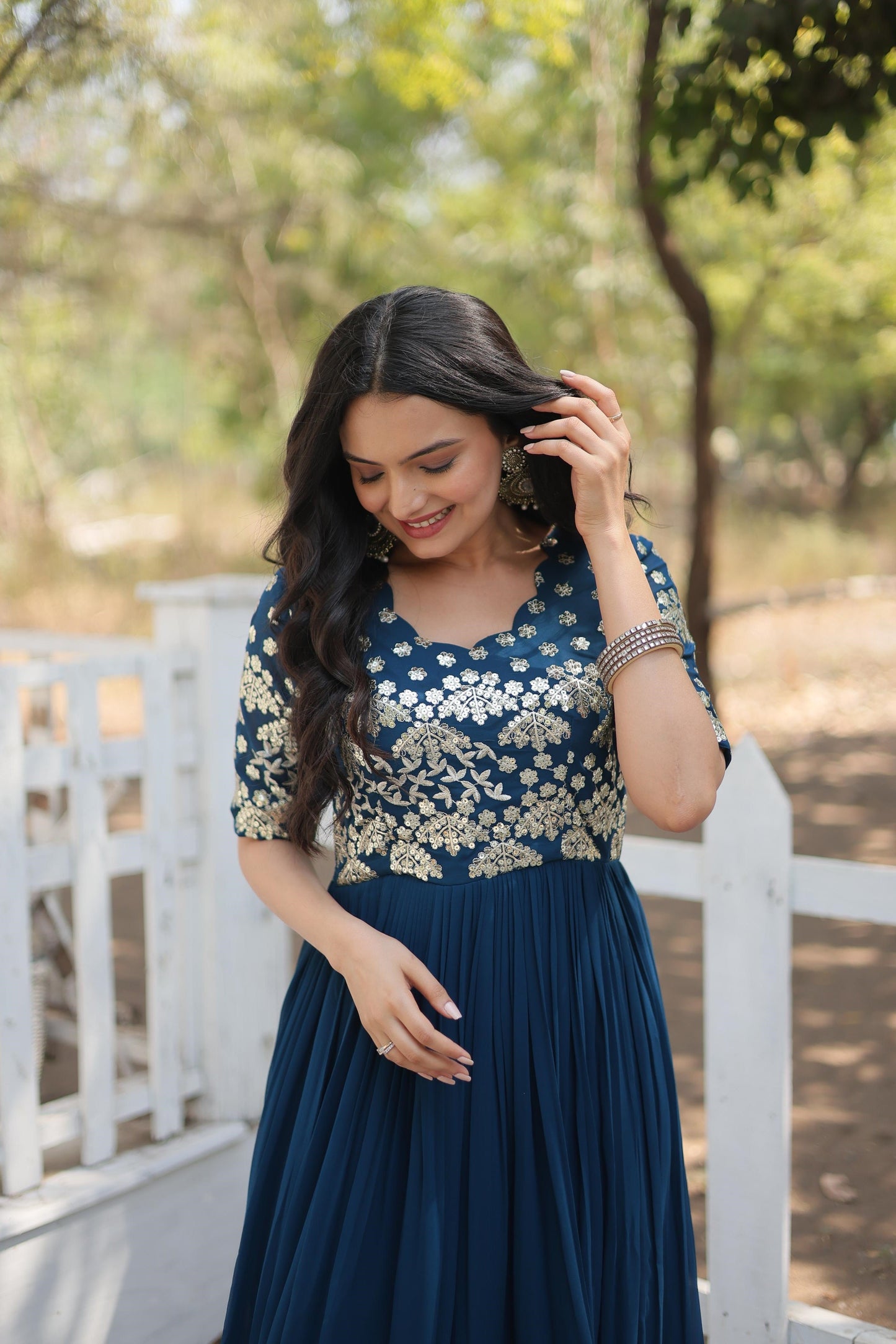 Superhit Zari Sequence Work Teal Blue And Red Color Gown