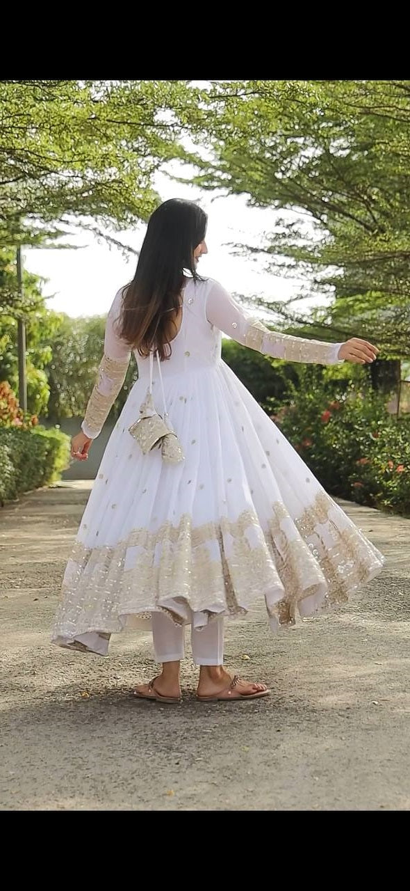 Classic White Color Georgette Sequins Embroidery Anarkali Suit Set