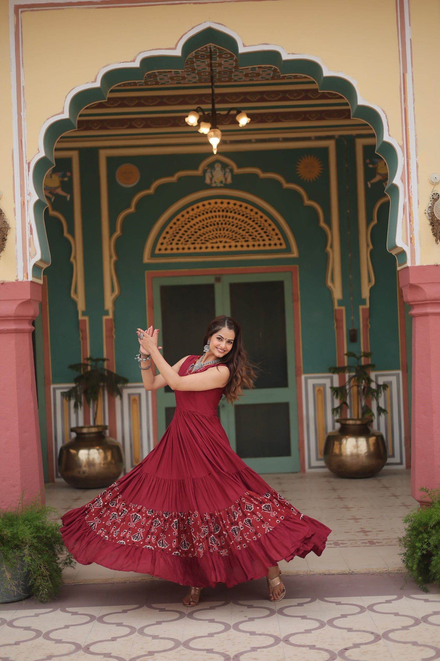 Festive Wear Reyon Printed Maroon & Black Color Gown