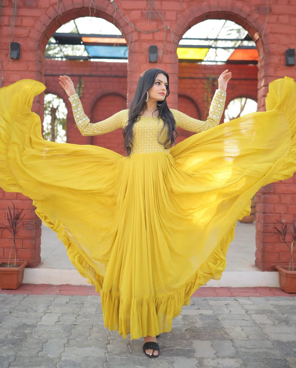 Peaceful Embroidered Work Wine, Yellow & Pink Color Gown