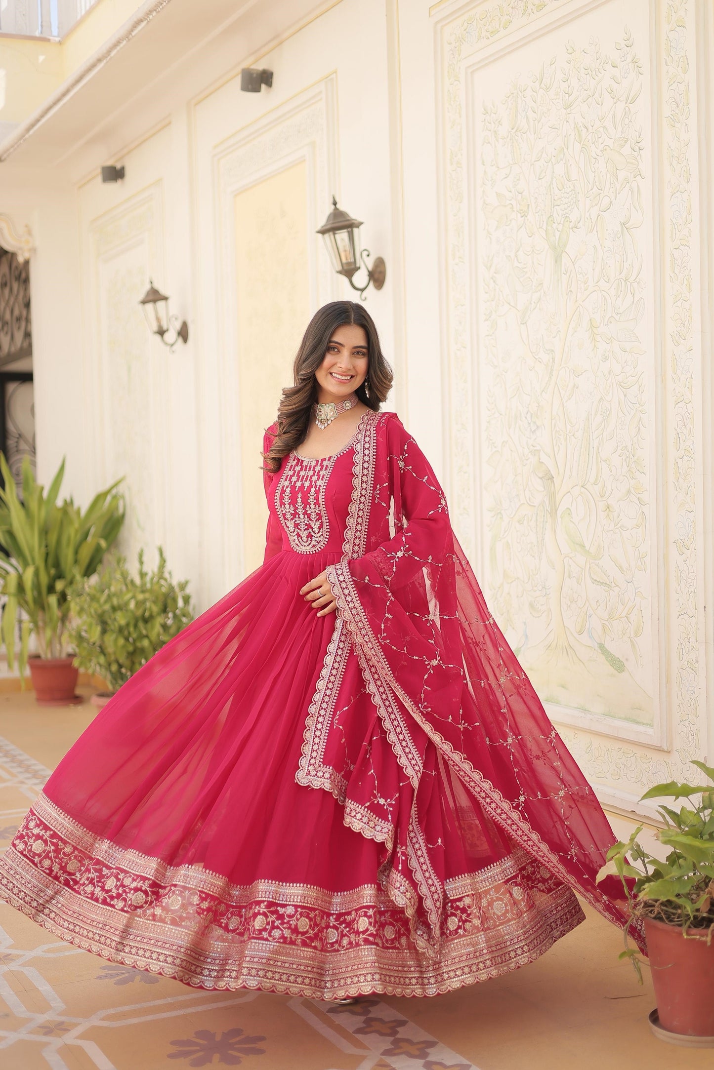 Ravishing Embroidered Work Maroon, Wine & Pink Color Gown