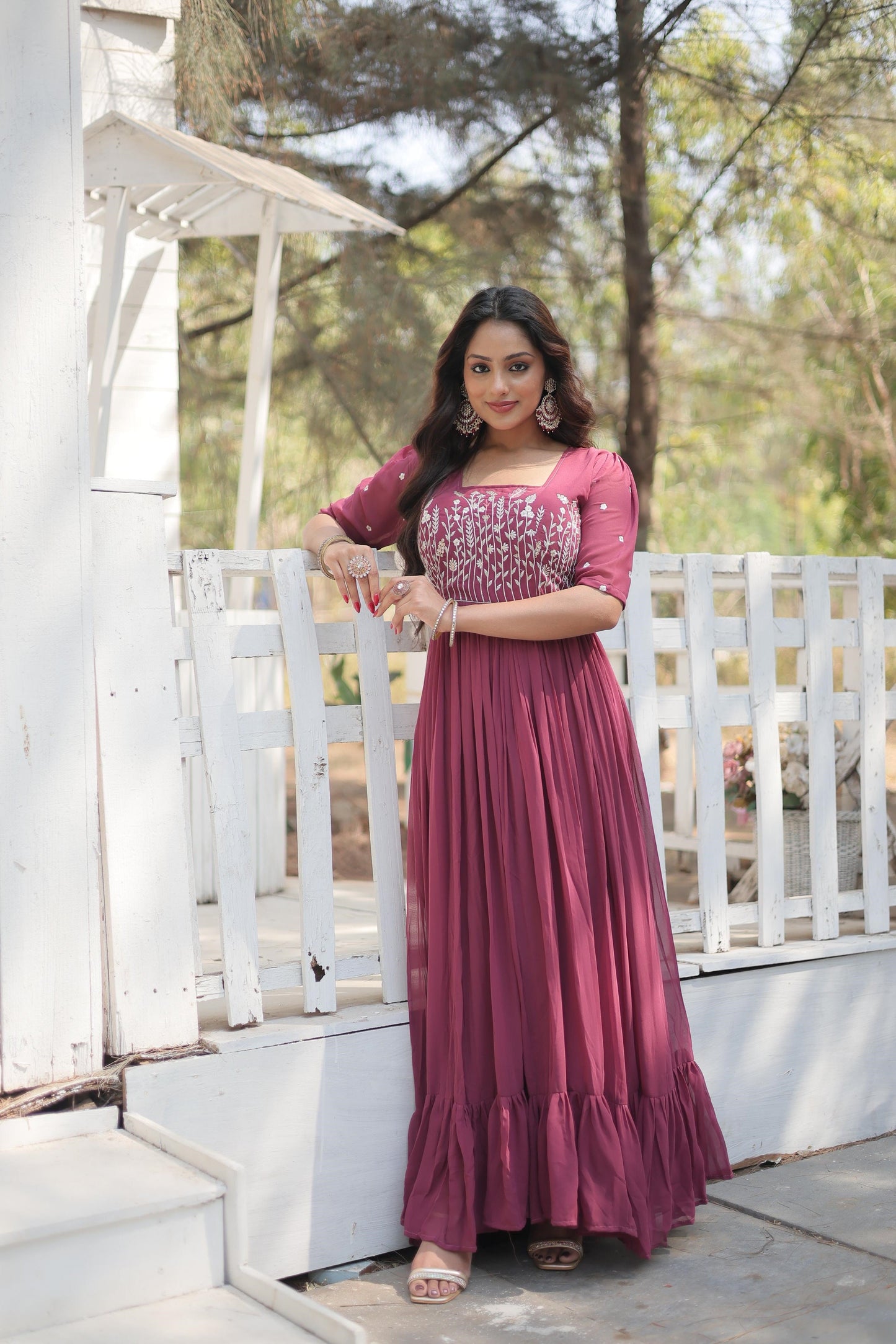 Fancy Square Neck Pink And Orange Color Georgette Gown