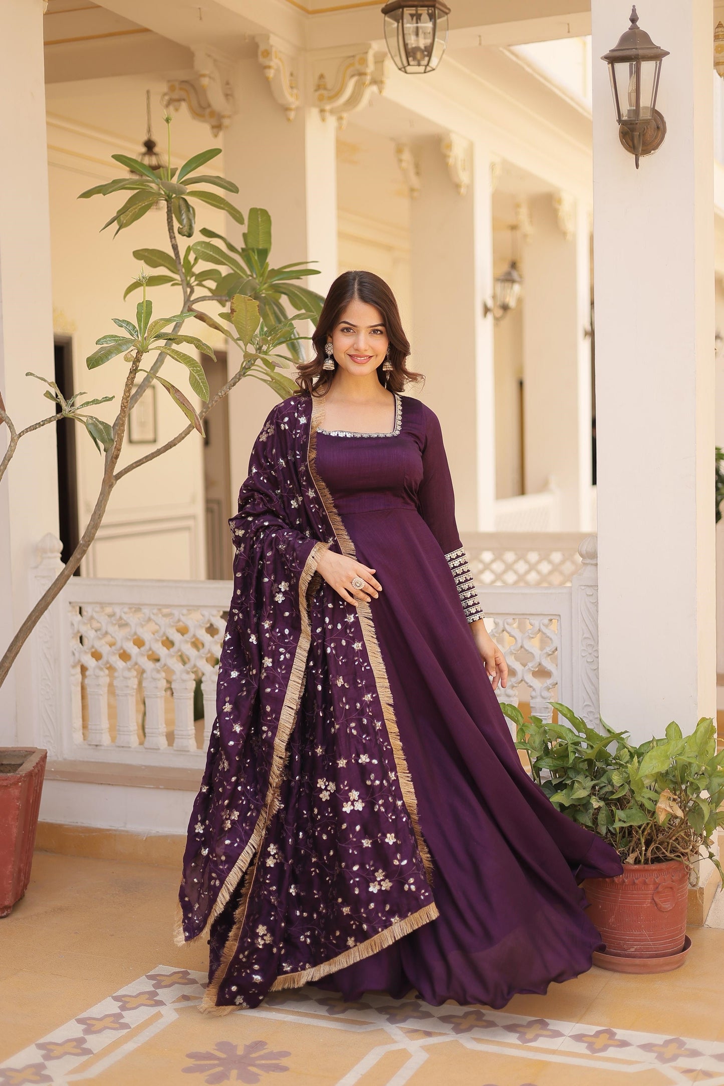 Ravishing Vichitra Silk Wine , Purple And Red Color Full Gown
