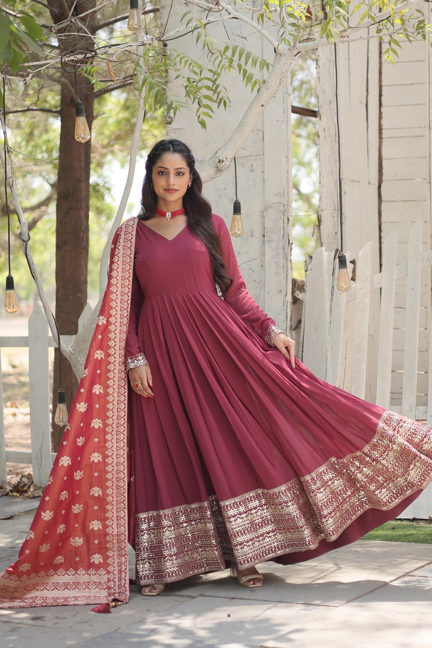 Fashionable Georgette Pink & Sky Blue Color Gown