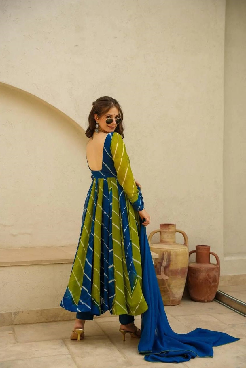 Tranding Yellow And Blue Organza Anarkali Suit Set