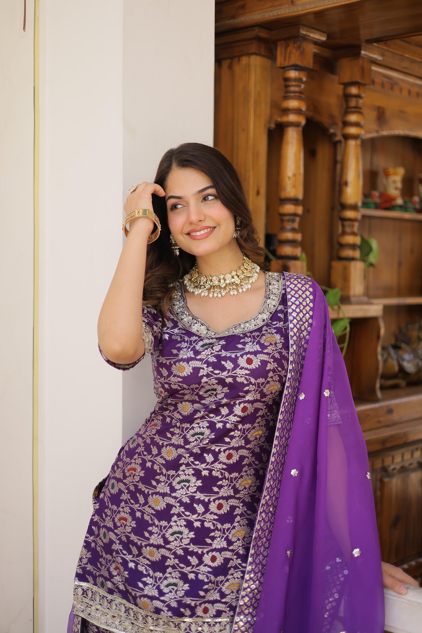 Function Wear Jacquerd Pink, Cream & Purple Color Sharara Suit