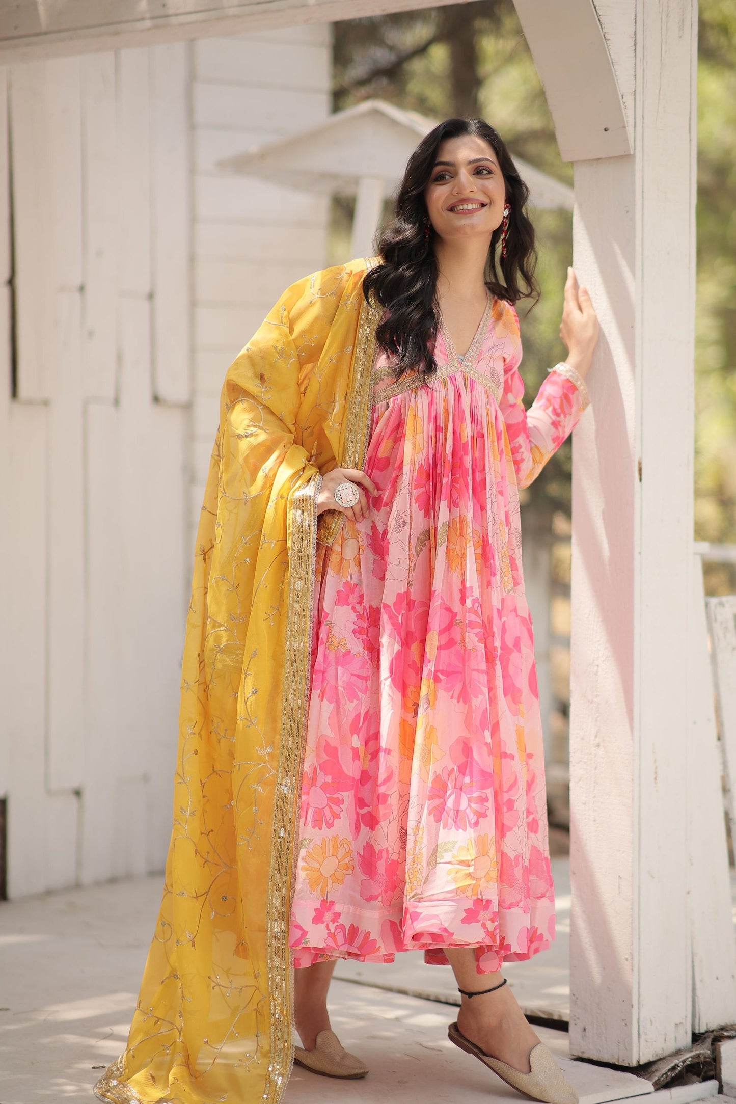 Festive Wear V Neck Pink And Sky Color Gown Contrast Dupatta