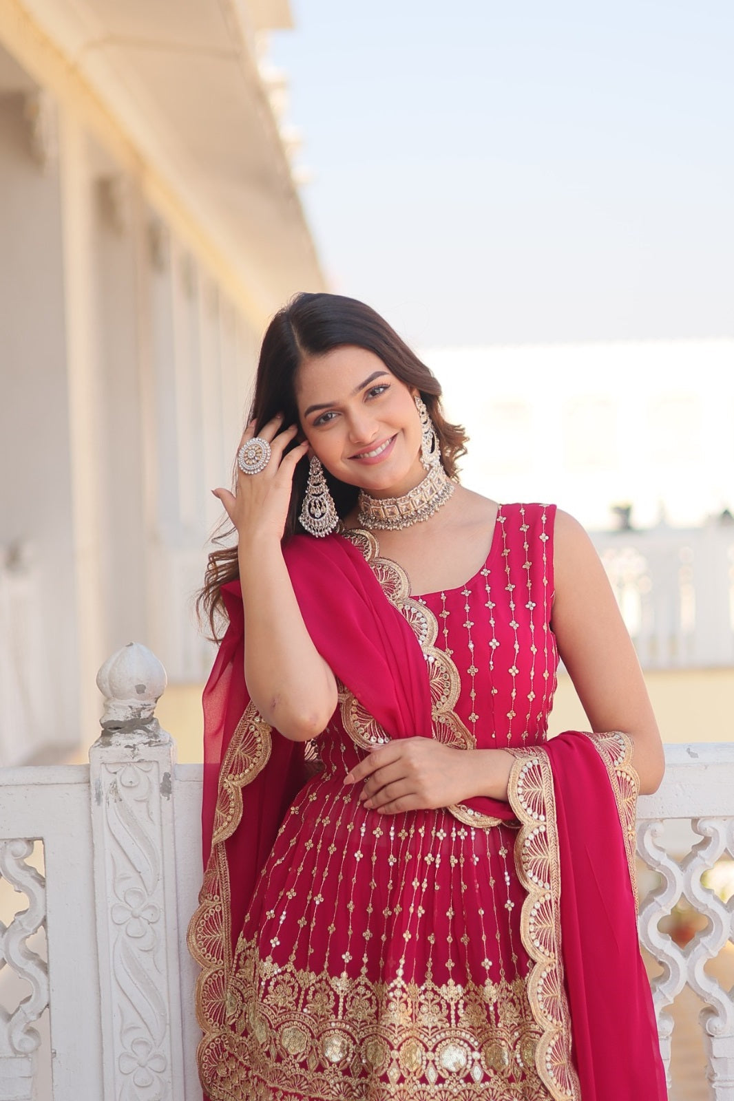 Unique Faux Georgette Purple & Pink Color Top With Sharara Suit