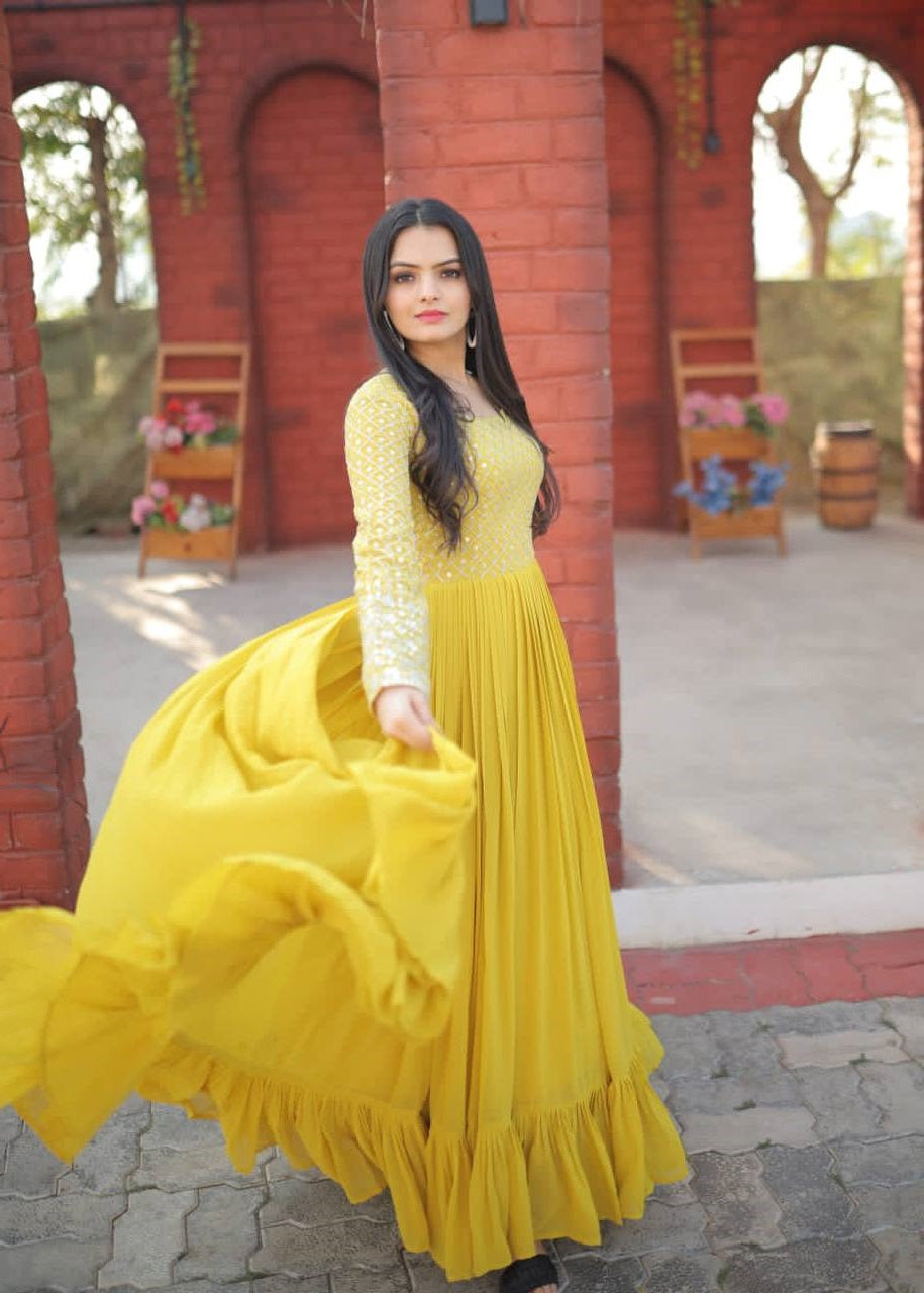 Peaceful Embroidered Work Wine, Yellow & Pink Color Gown