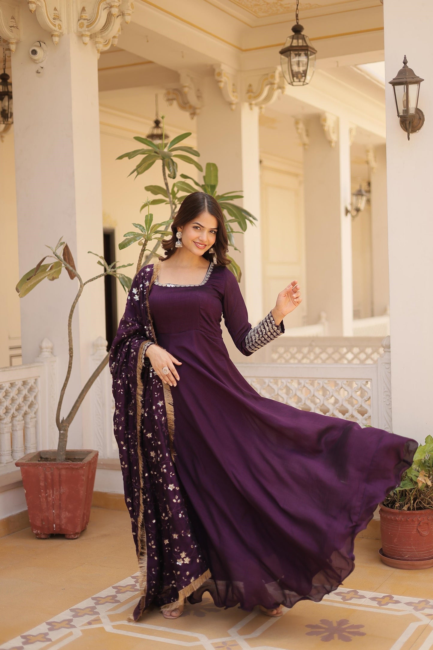 Ravishing Vichitra Silk Wine , Purple And Red Color Full Gown