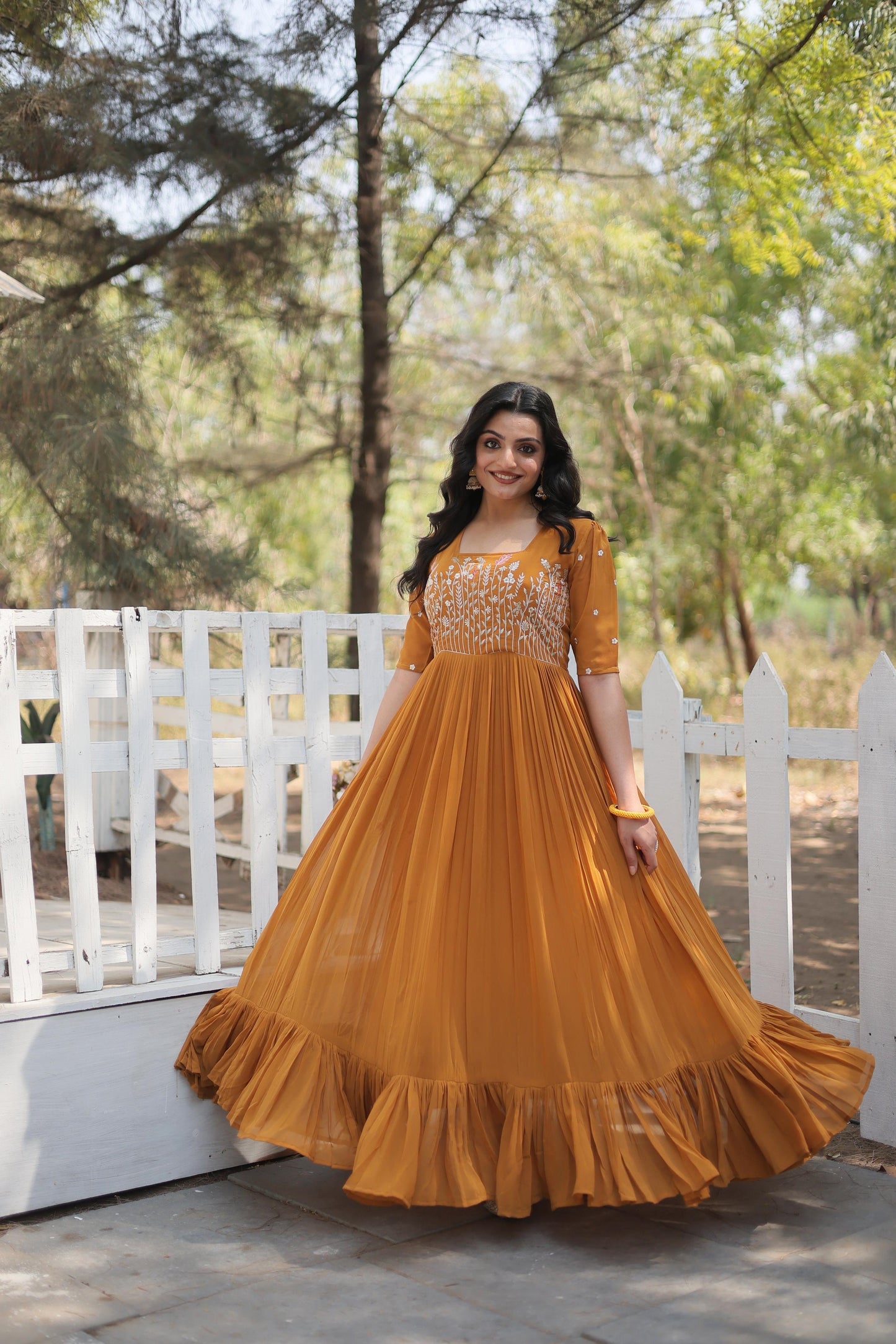 Fancy Square Neck Pink And Orange Color Georgette Gown