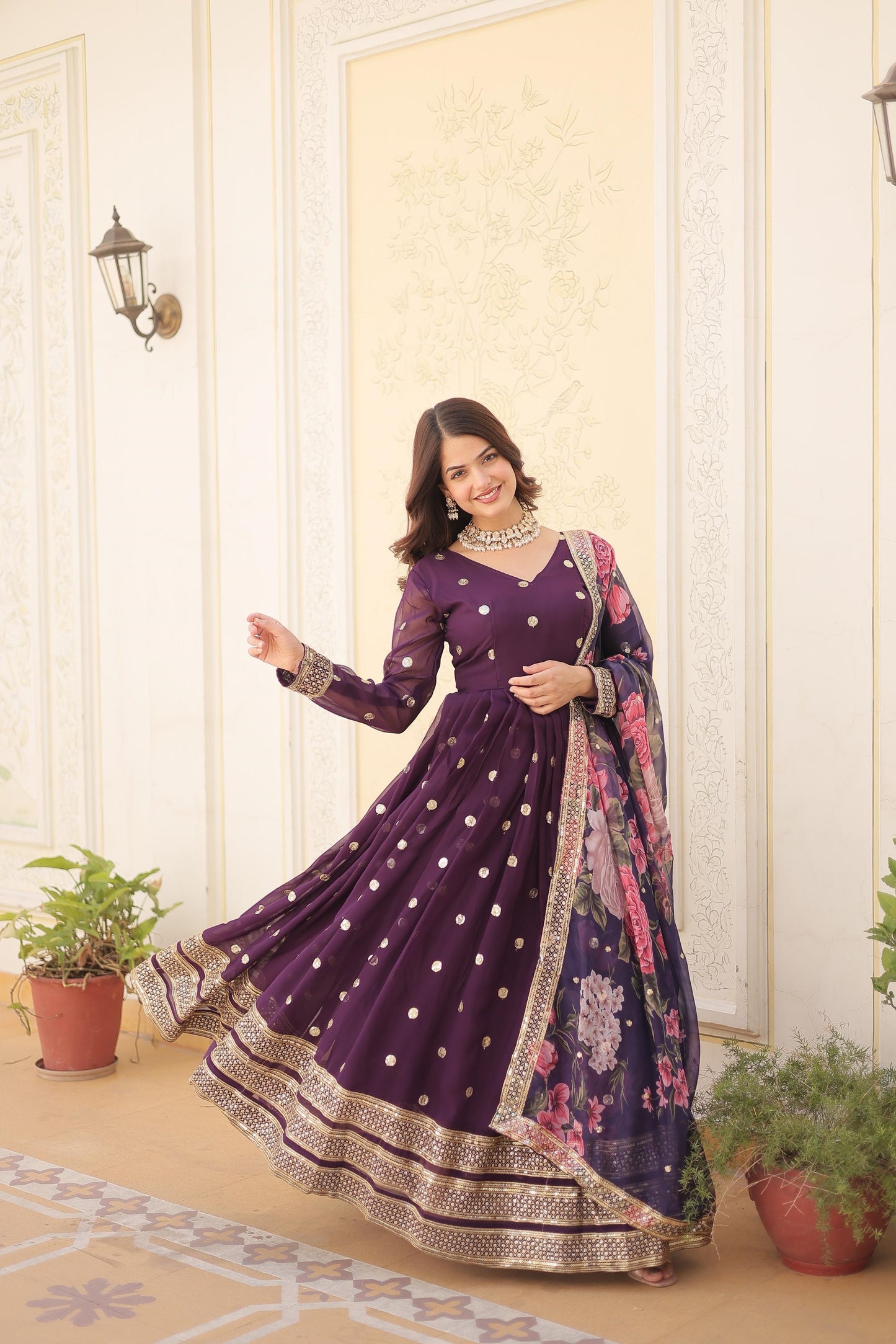 Function Wear Purple, Yellow And Pink Color Faux Georgette Gown
