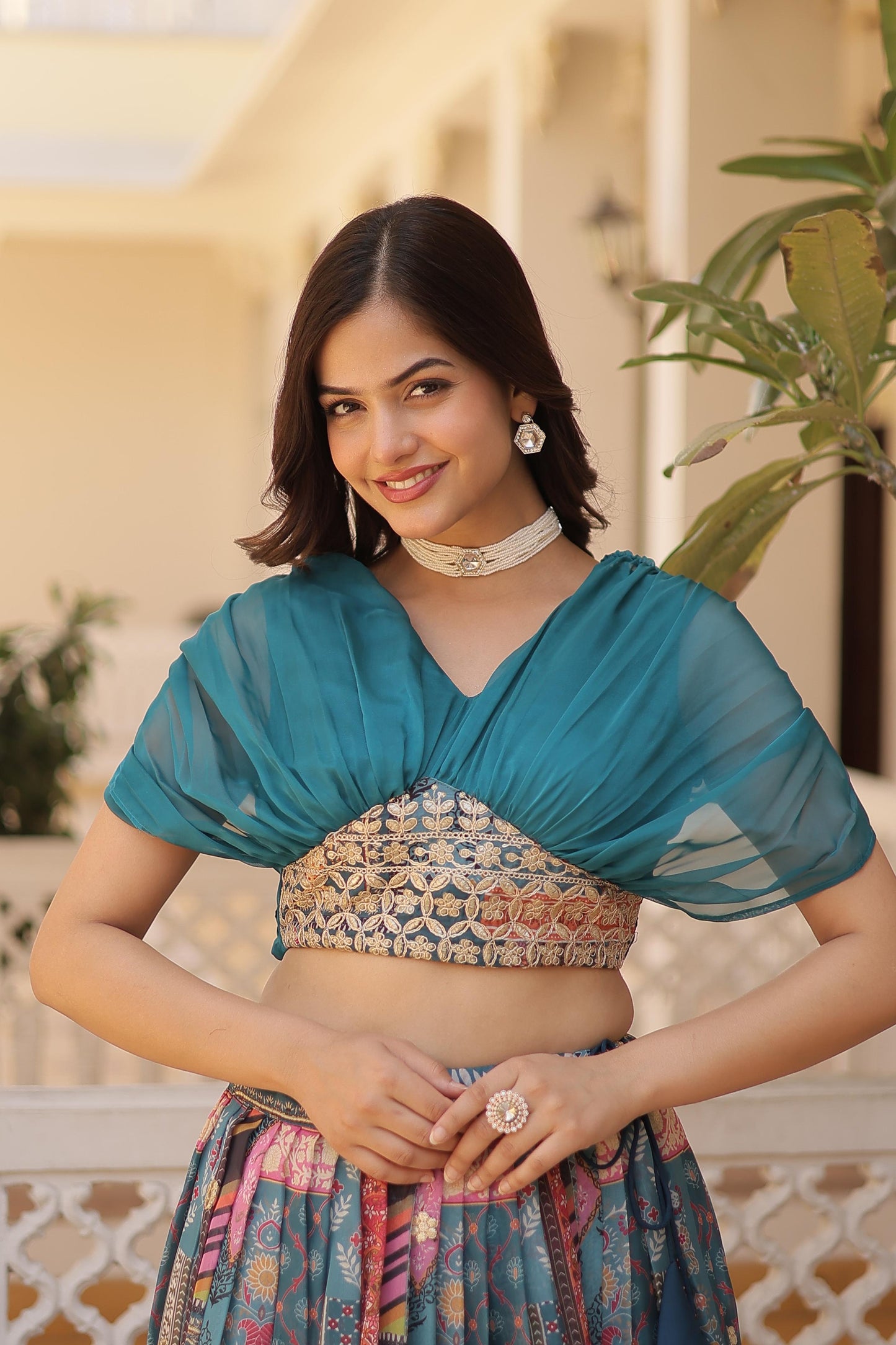 Trendy Digital Printed Silk Purple, Orange And Sky Color Lehenga