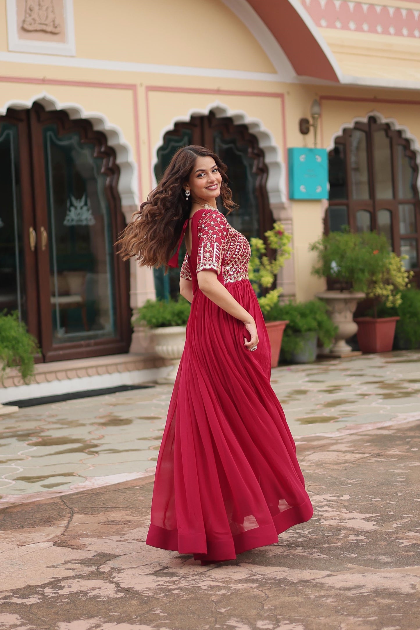 Lovely Fancy Round Neck Pink And Purple Color Gown