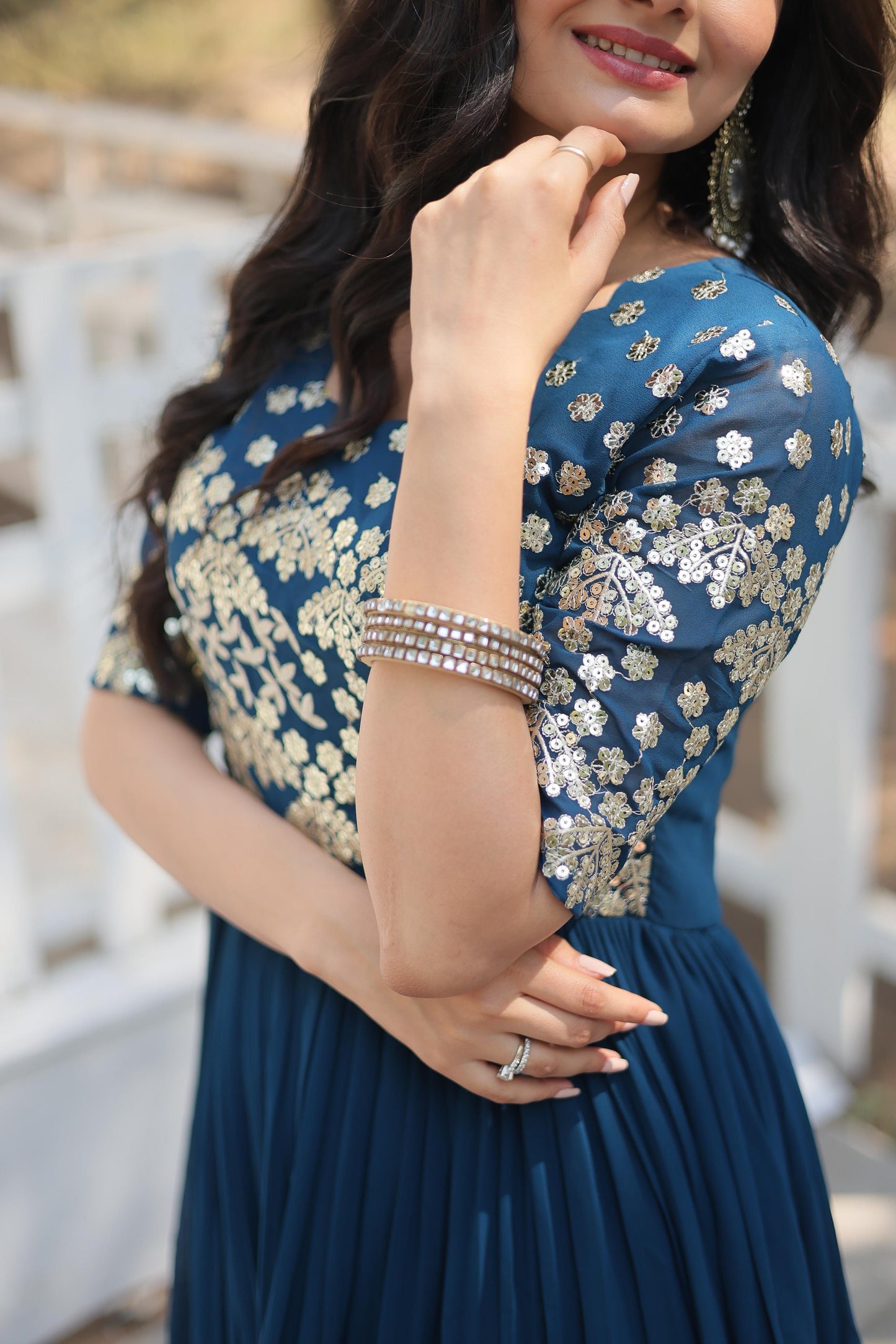 Superhit Zari Sequence Work Teal Blue And Red Color Gown