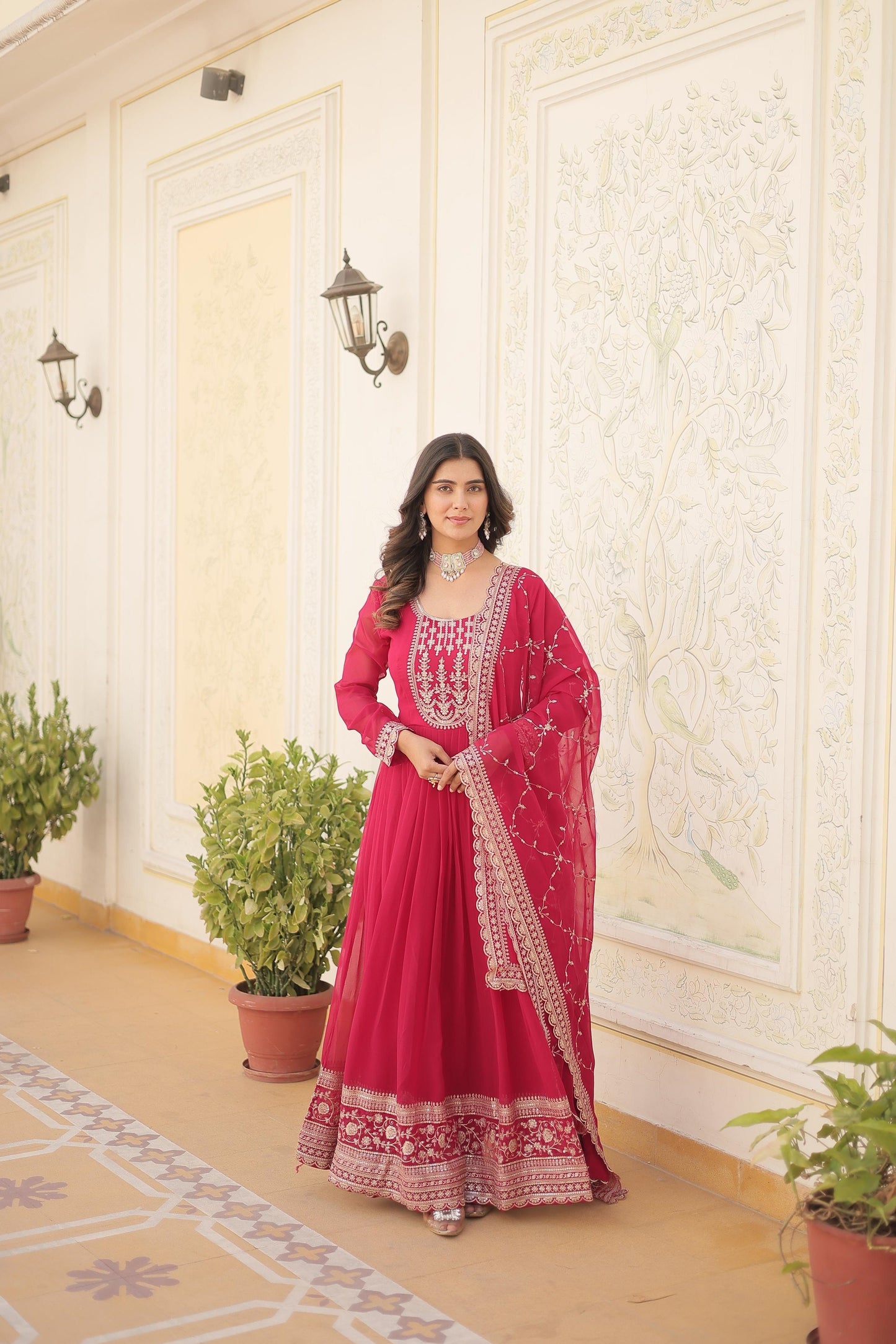 Ravishing Embroidered Work Maroon, Wine & Pink Color Gown