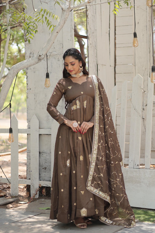 Admiring Vichitra Embroidered Work Purple & Beige Color Gown
