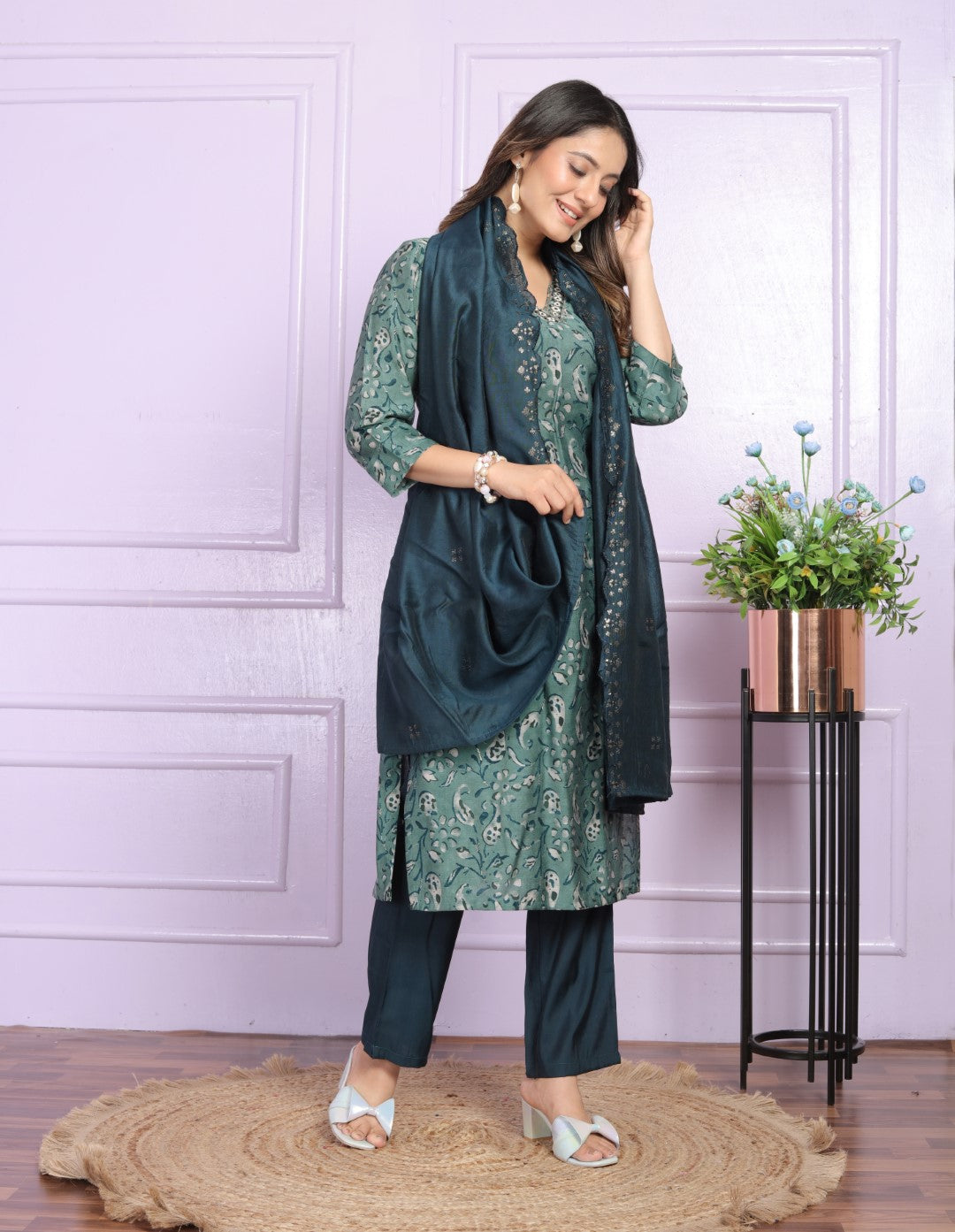 Fantastic Modal Silk Green Color V Neck Kurti With Pent