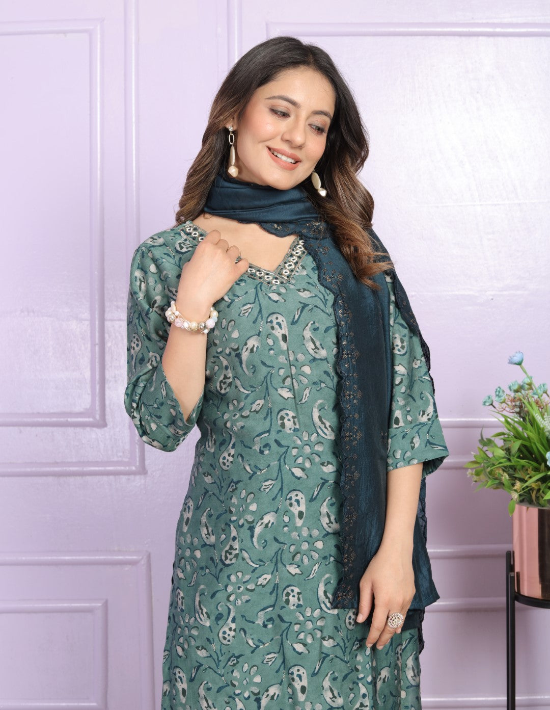 Fantastic Modal Silk Green Color V Neck Kurti With Pent