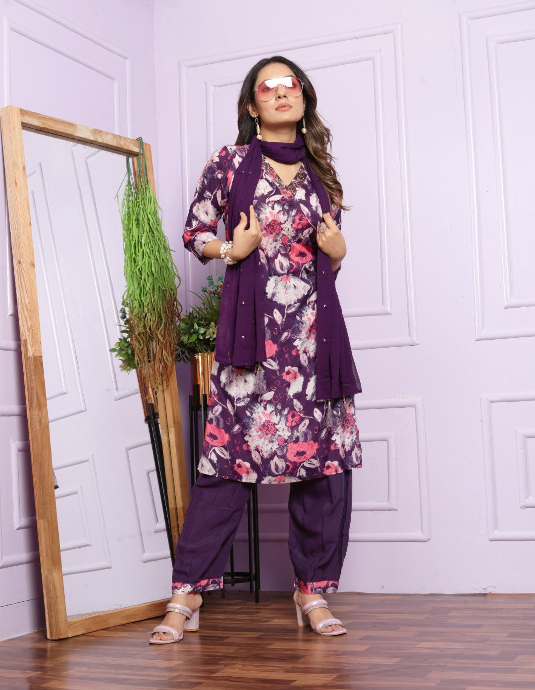 Graceful Wine Color Straight Kurti With Afghani Pent