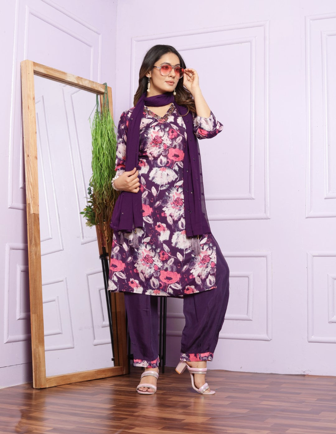 Graceful Wine Color Straight Kurti With Afghani Pent