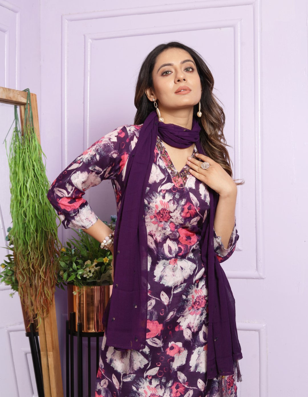Graceful Wine Color Straight Kurti With Afghani Pent
