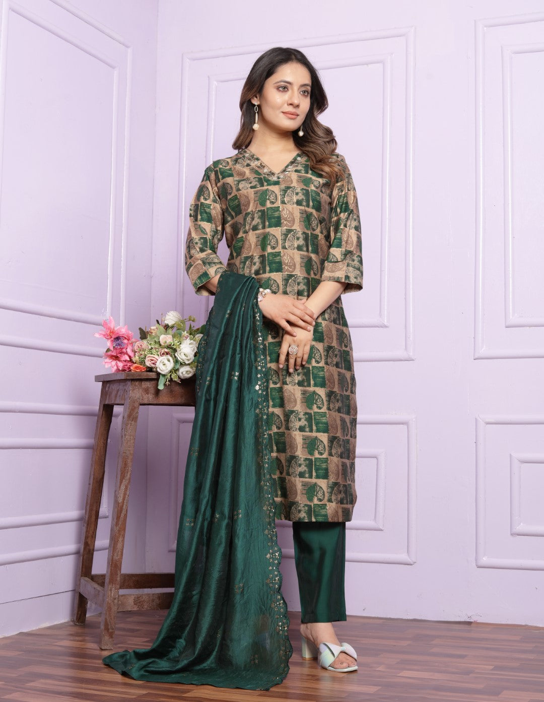 Lovely Hand Work Green Color Straight Kurti With Pent