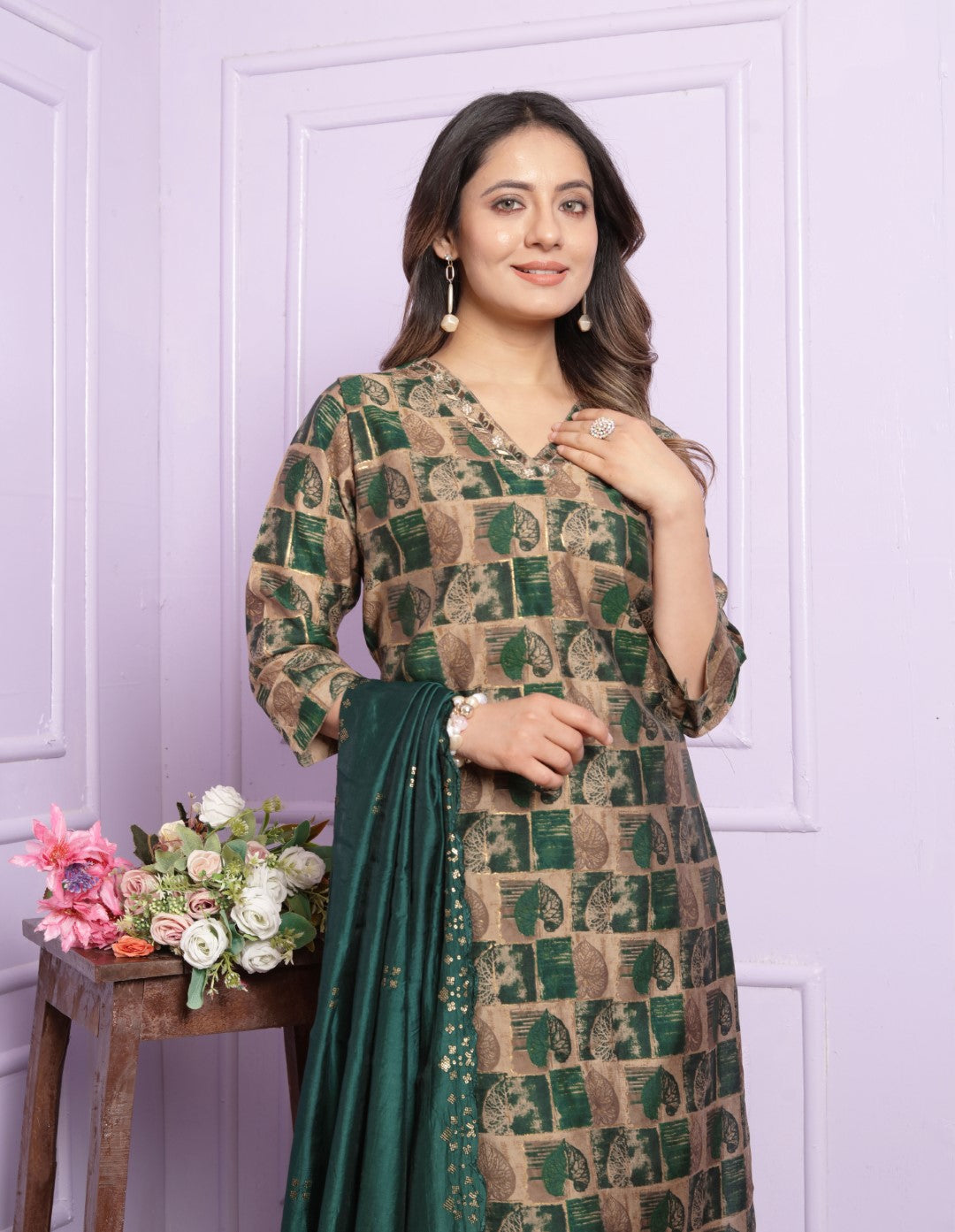 Lovely Hand Work Green Color Straight Kurti With Pent