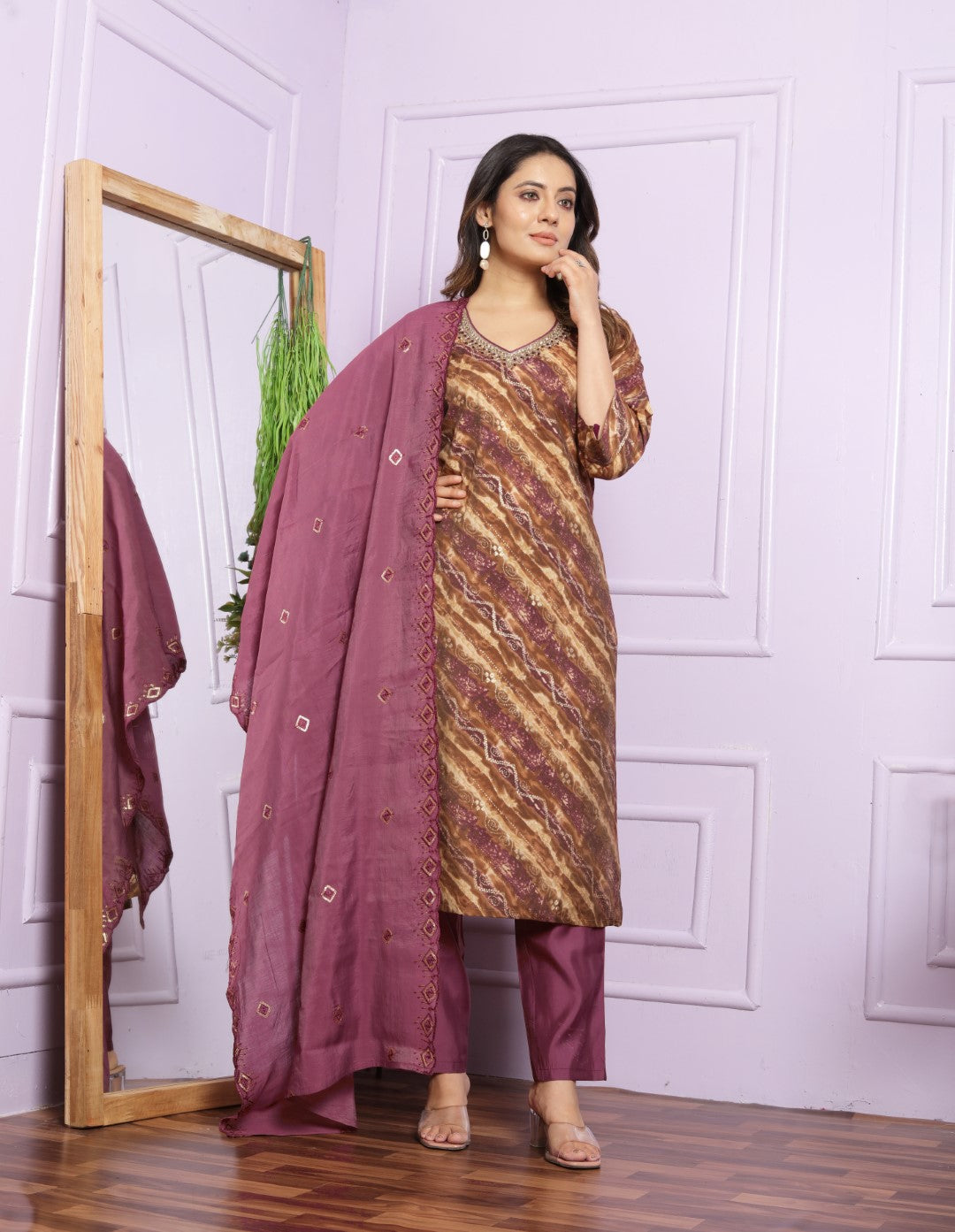 Glimmering Hand Work Brown Color Fancy Straight Kurti With Pent