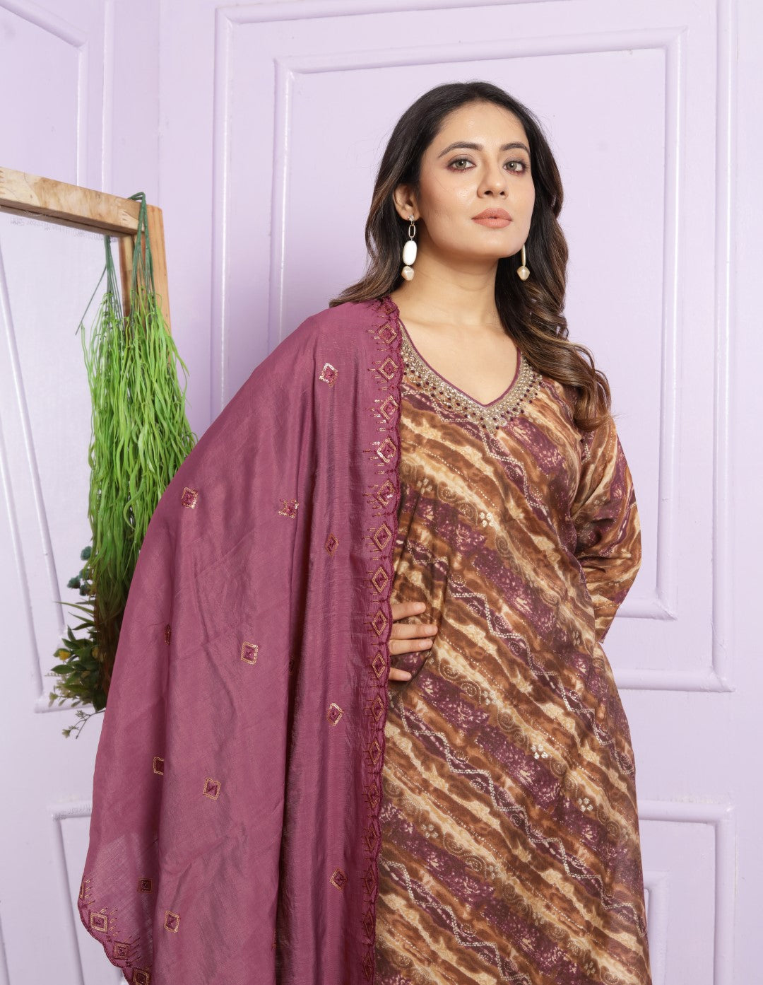 Glimmering Hand Work Brown Color Fancy Straight Kurti With Pent