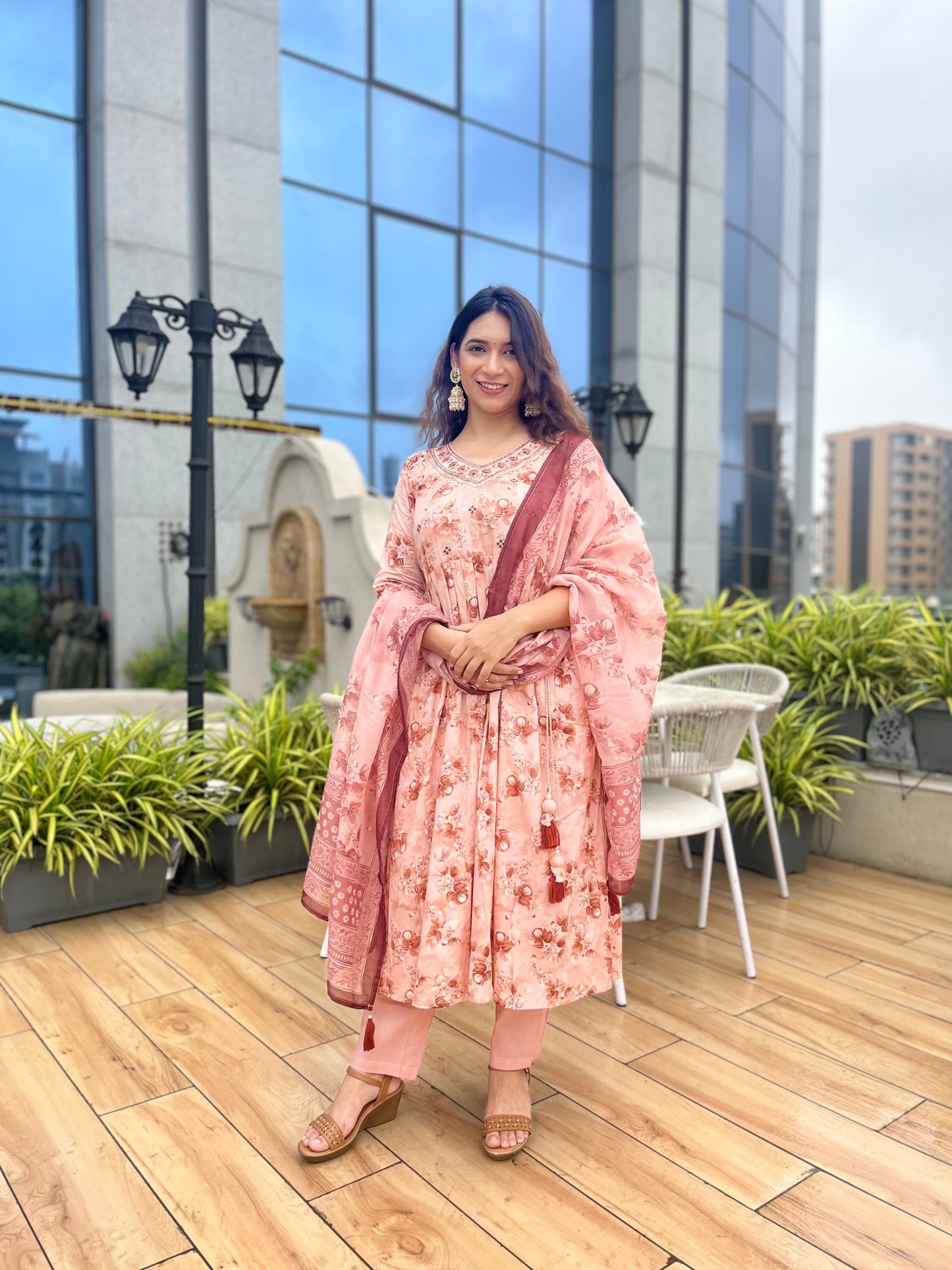 Fancy Cotton Peach Color Kurti With Divider Plazzo