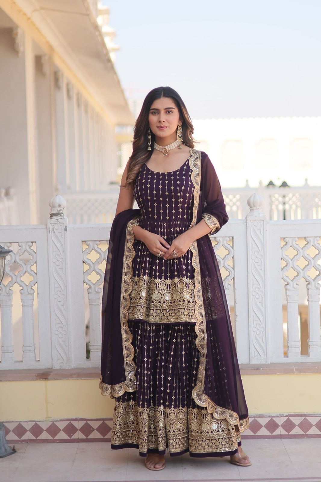 Unique Faux Georgette Purple & Pink Color Top With Sharara Suit