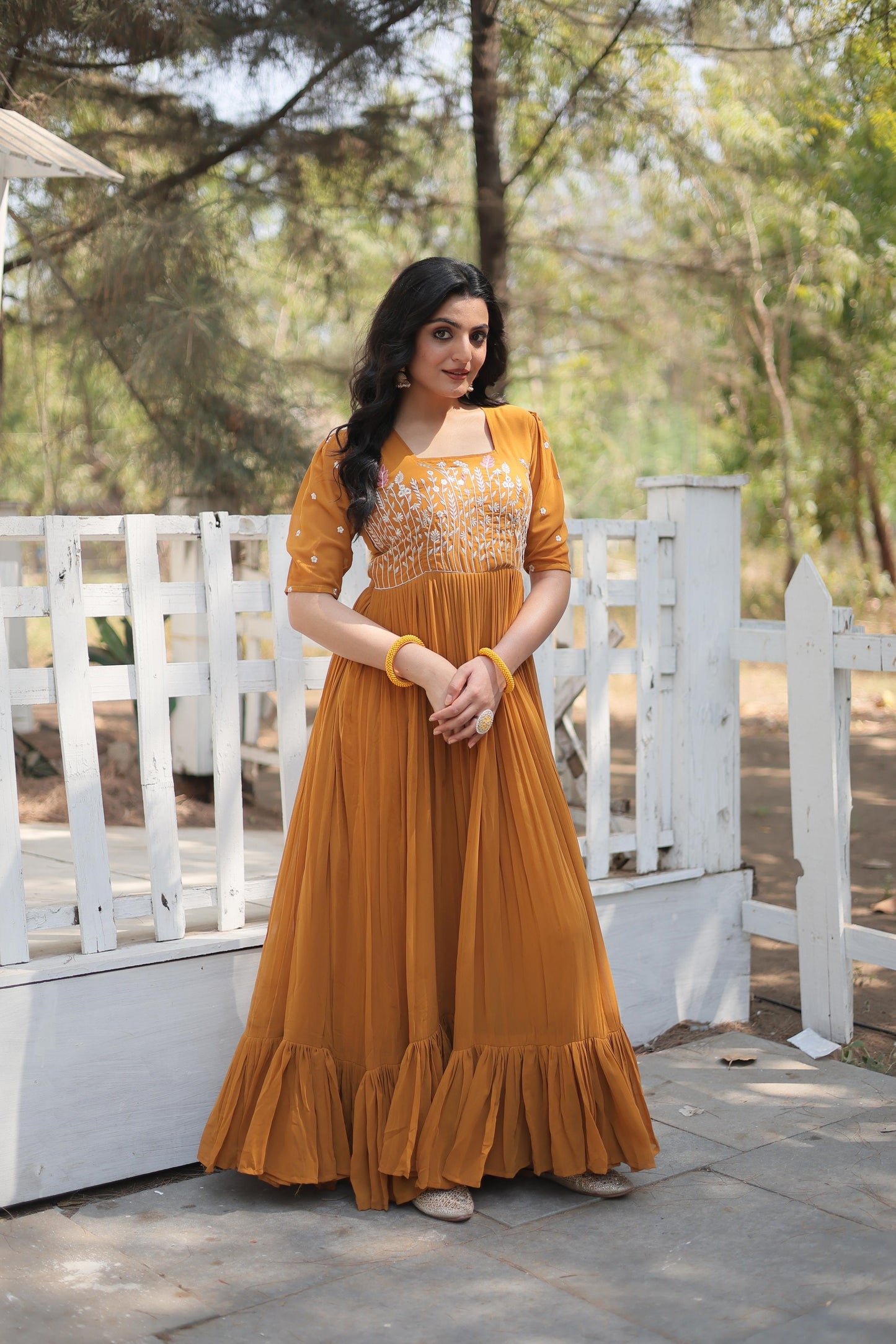 Fancy Square Neck Pink And Orange Color Georgette Gown