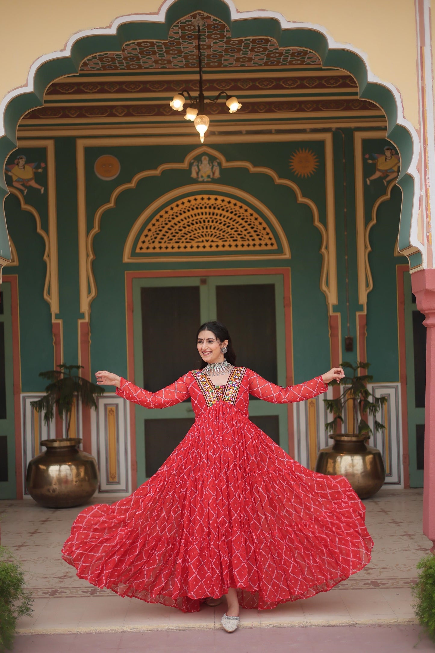 Festive Wear Bandhani Print Work Blue, Orange And Purple Color Gown