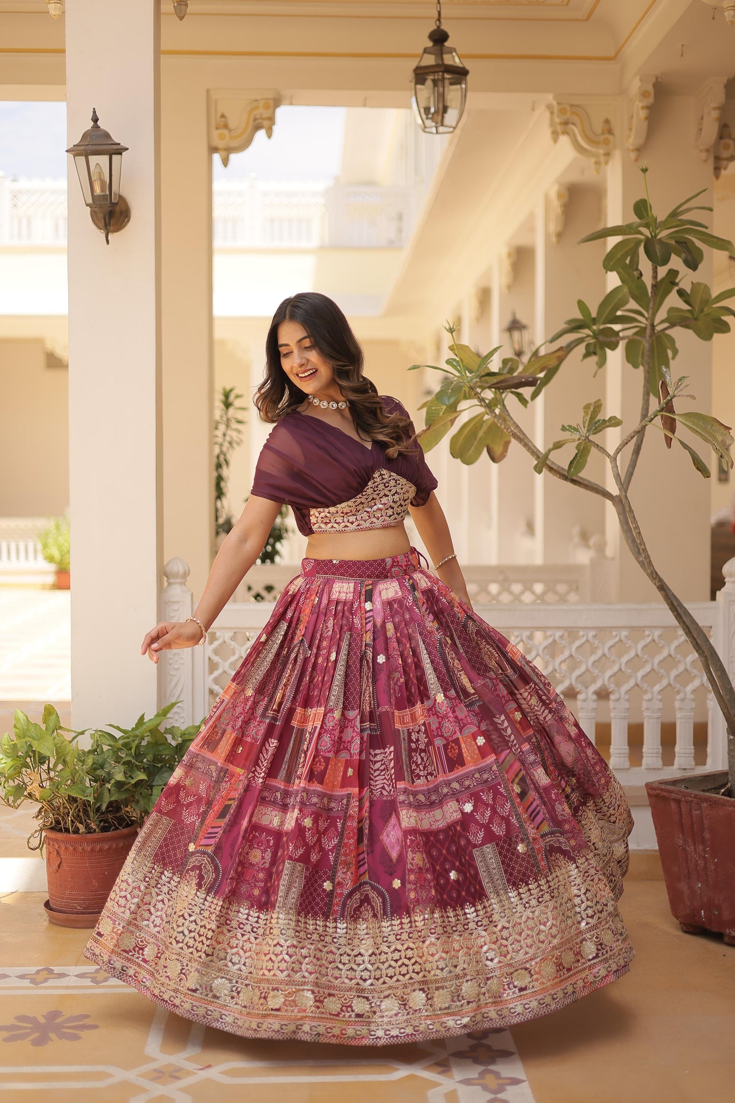 Trendy Digital Printed Silk Purple, Orange And Sky Color Lehenga
