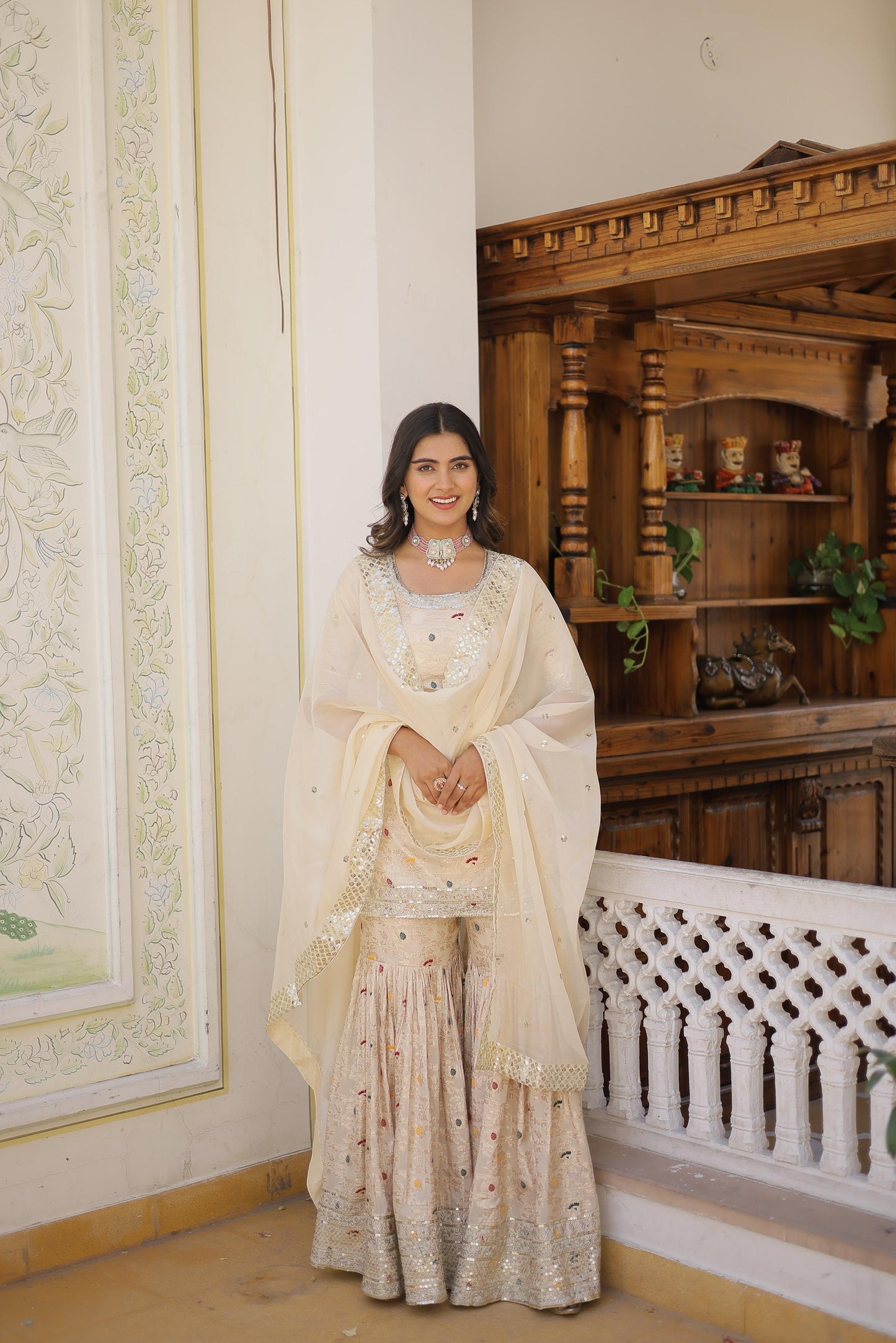 Function Wear Jacquerd Pink, Cream & Purple Color Sharara Suit