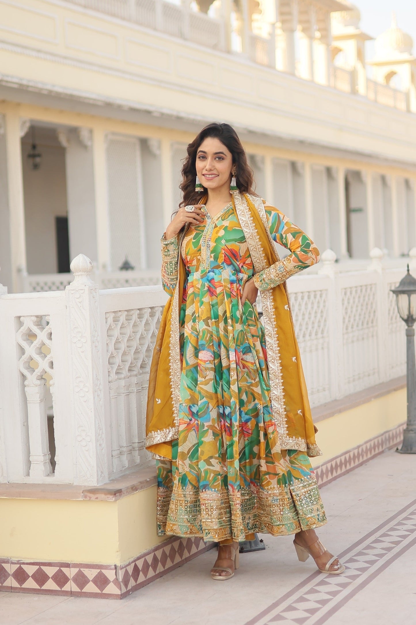 Fantastic Pink And Perrot Multi Digital Printed Gown With Dupatta