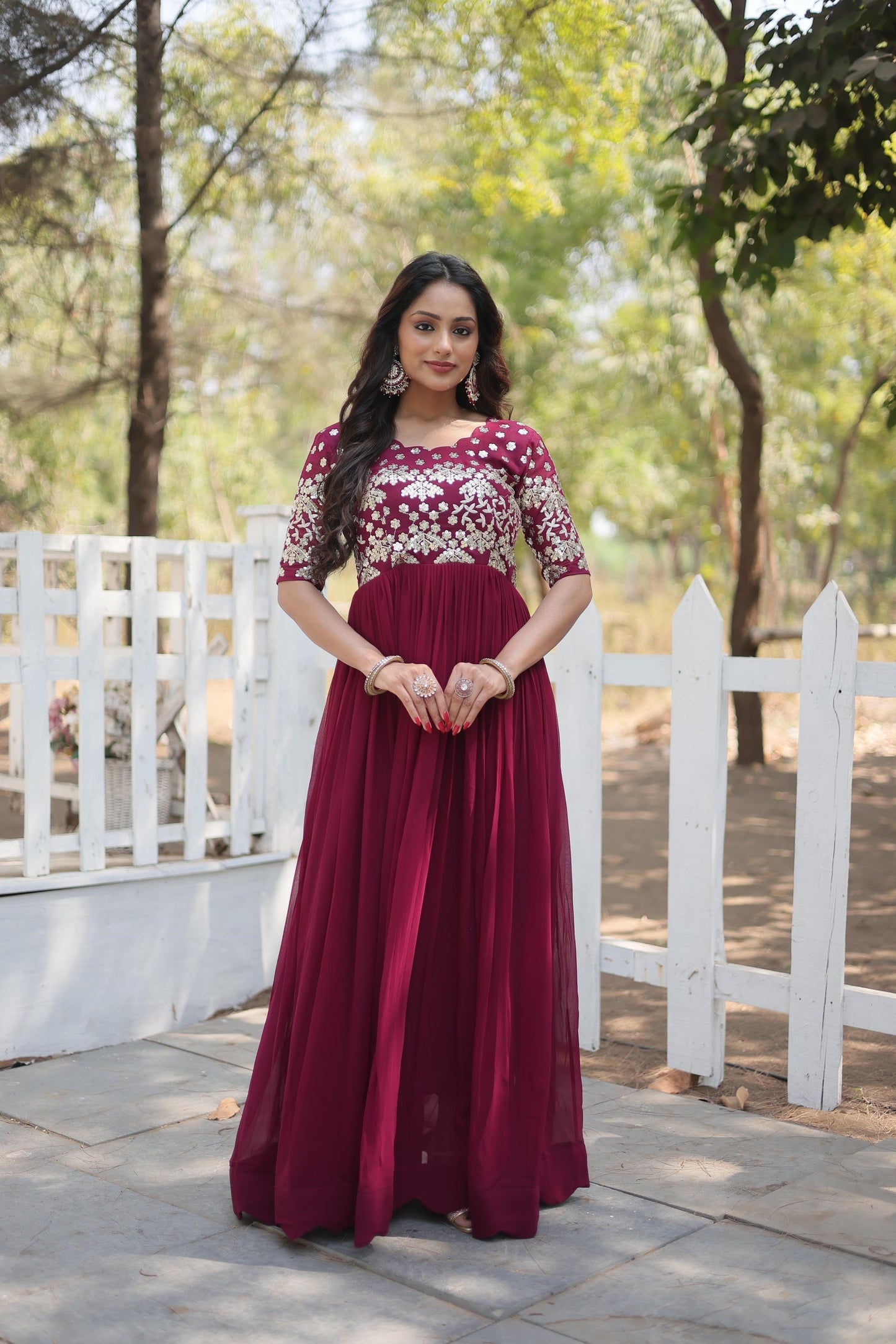 Superhit Zari Sequence Work Teal Blue And Red Color Gown