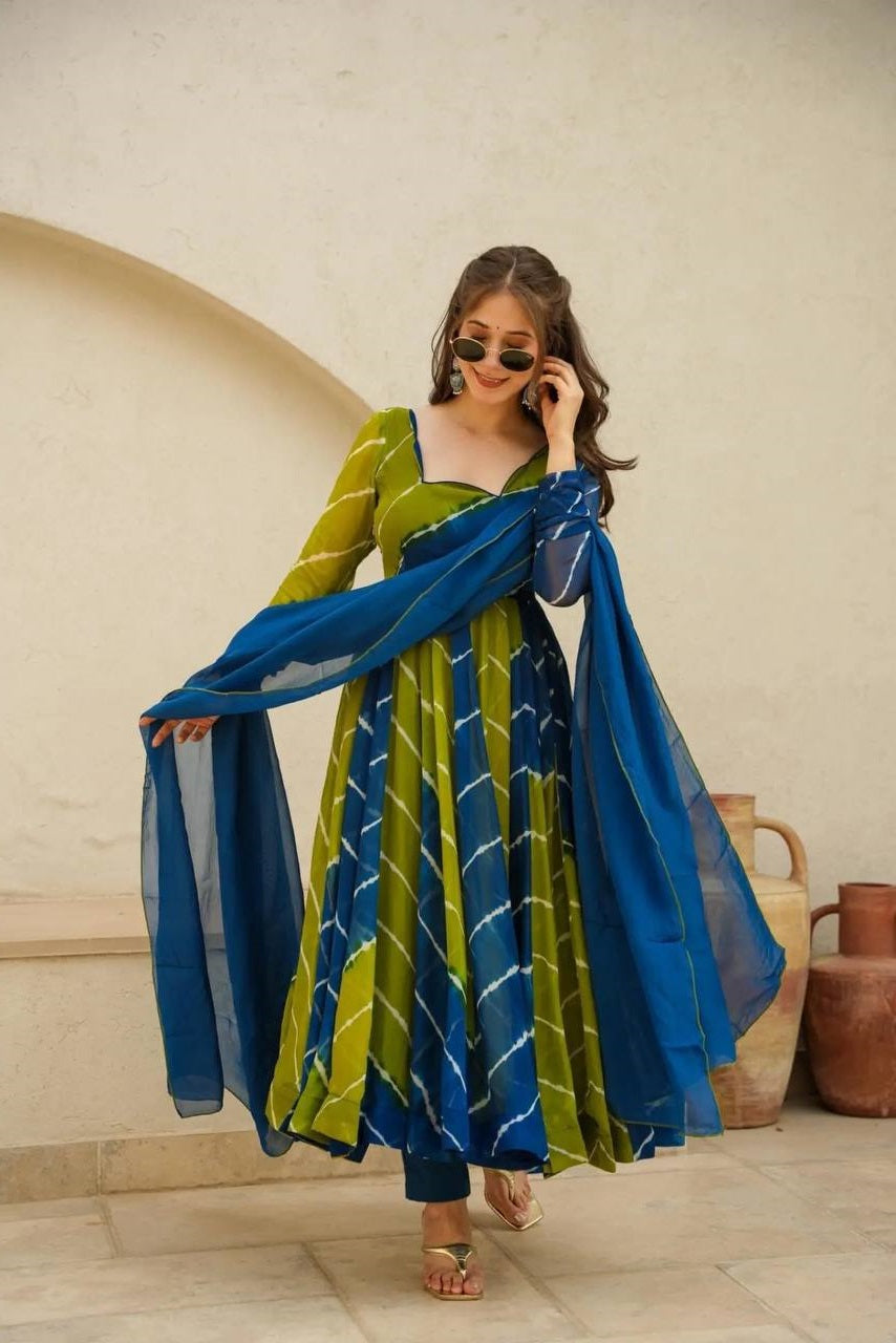 Tranding Yellow And Blue Organza Anarkali Suit Set