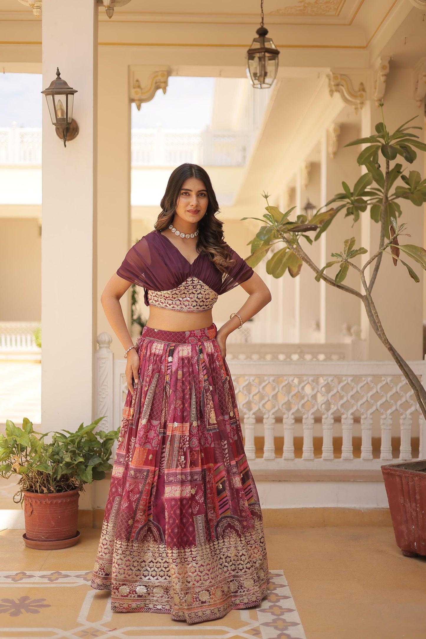 Trendy Digital Printed Silk Purple, Orange And Sky Color Lehenga