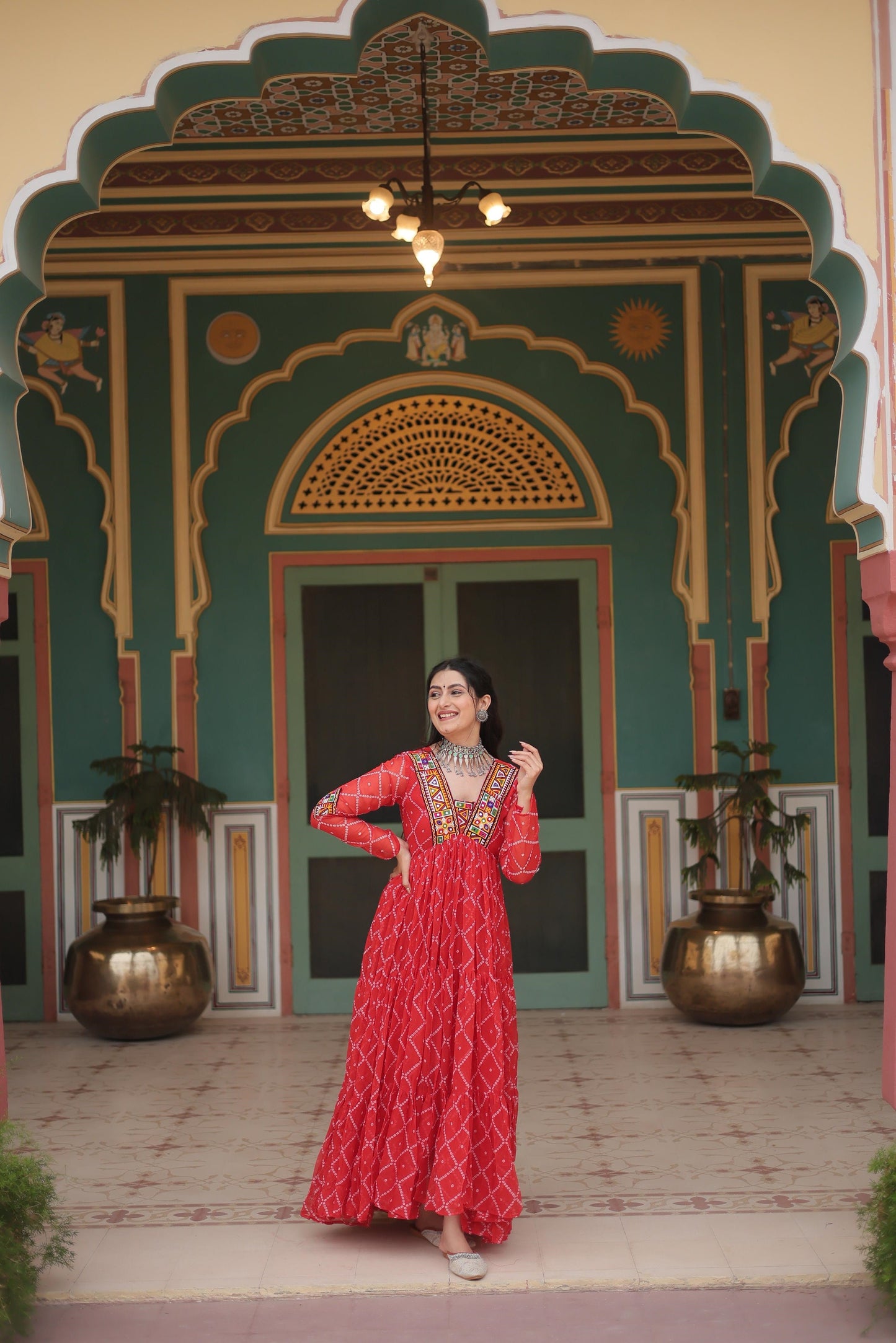 Festive Wear Bandhani Print Work Blue, Orange And Purple Color Gown
