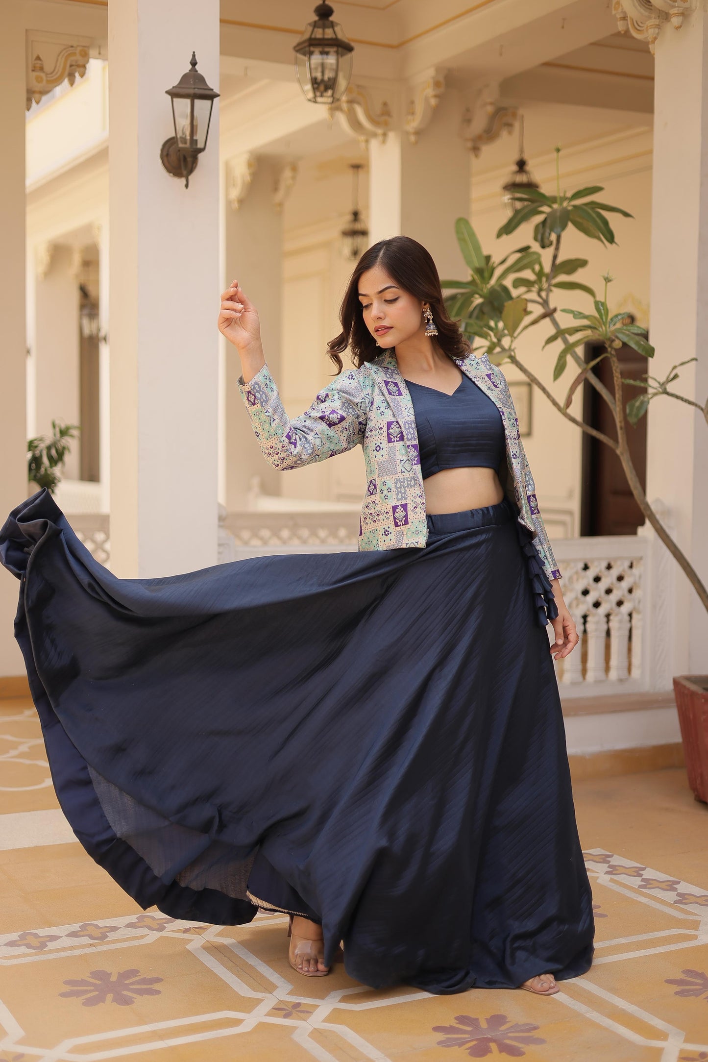 Pretty Chinnon Purple, Pink And Blue Color Lehenga Choli With Koti