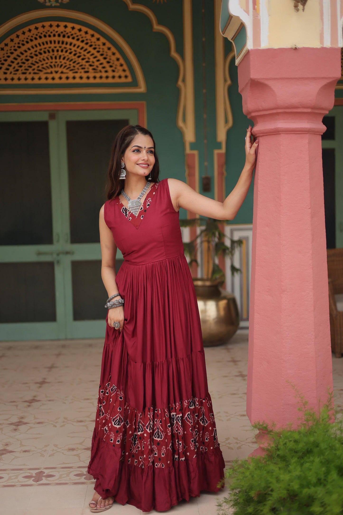 Festive Wear Reyon Printed Maroon & Black Color Gown