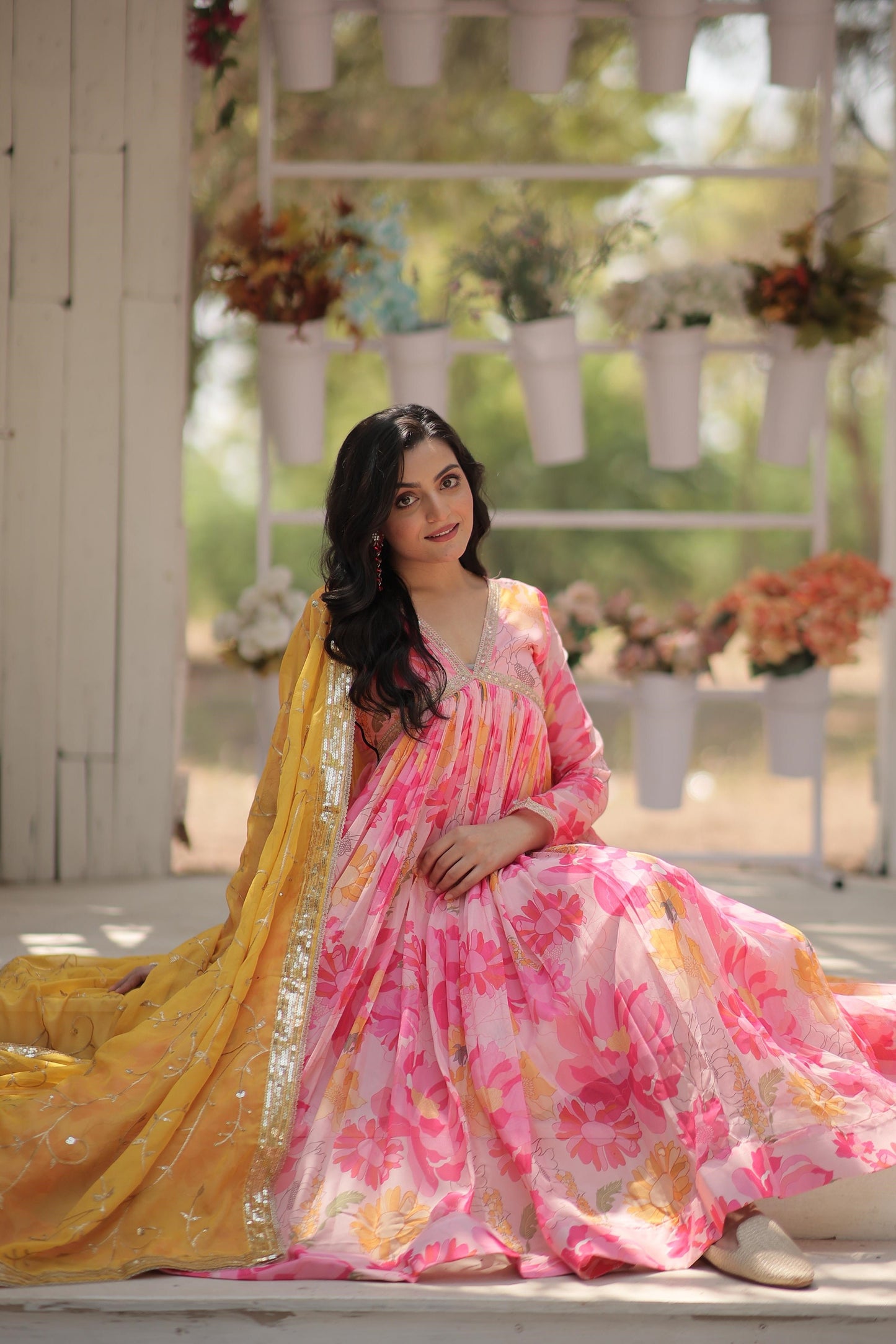 Festive Wear V Neck Pink And Sky Color Gown Contrast Dupatta