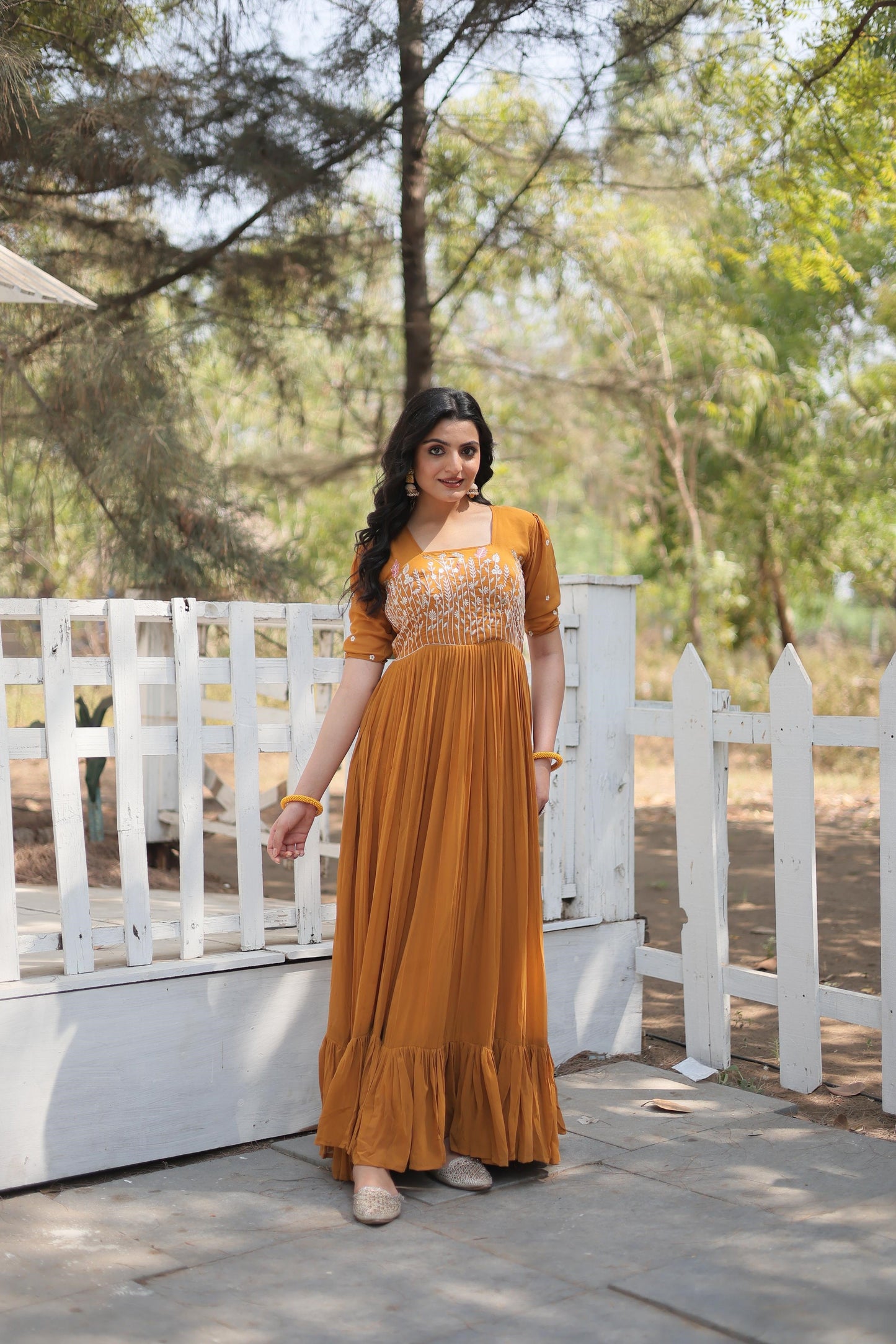 Fancy Square Neck Pink And Orange Color Georgette Gown
