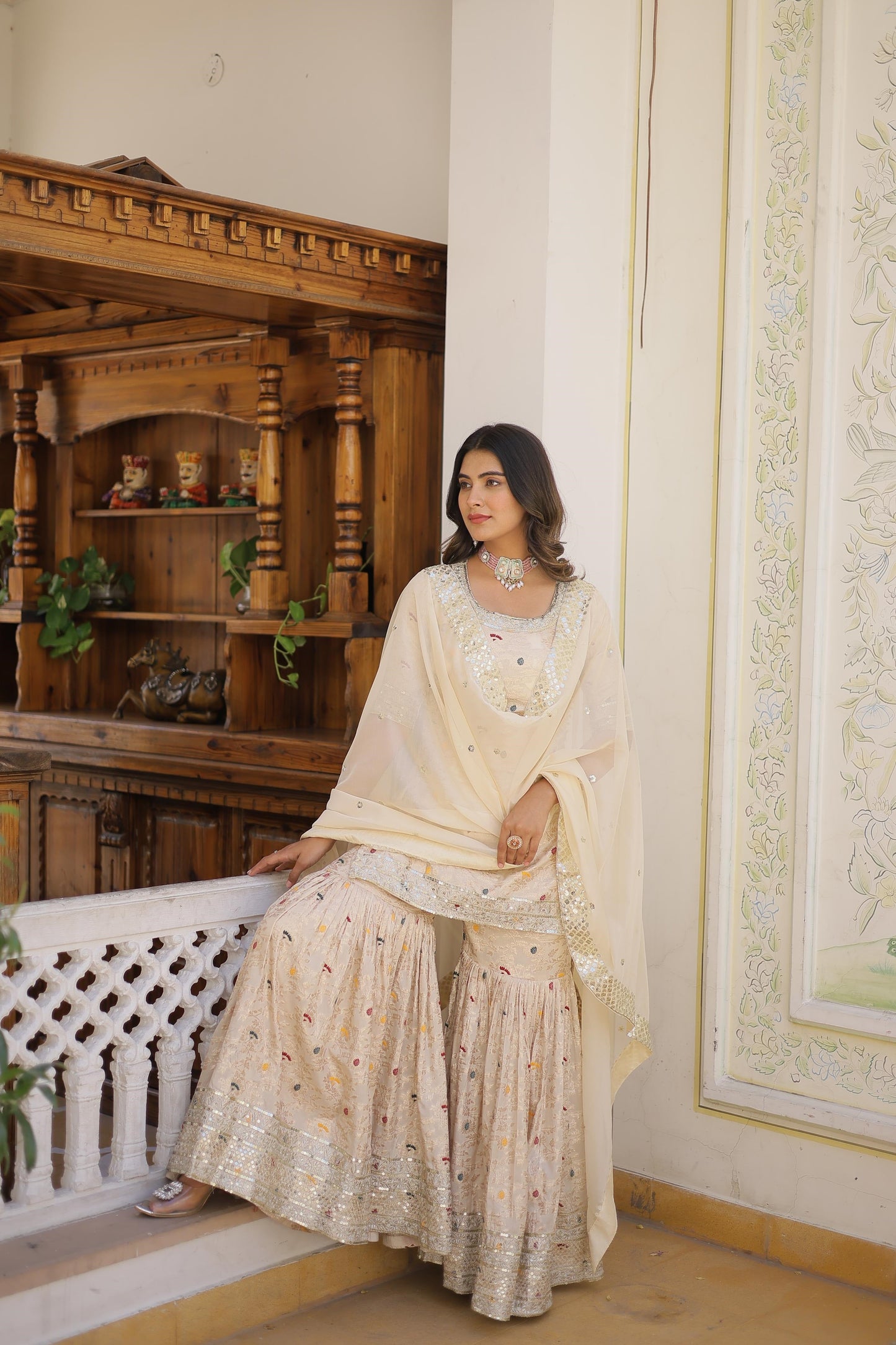 Function Wear Jacquerd Pink, Cream & Purple Color Sharara Suit