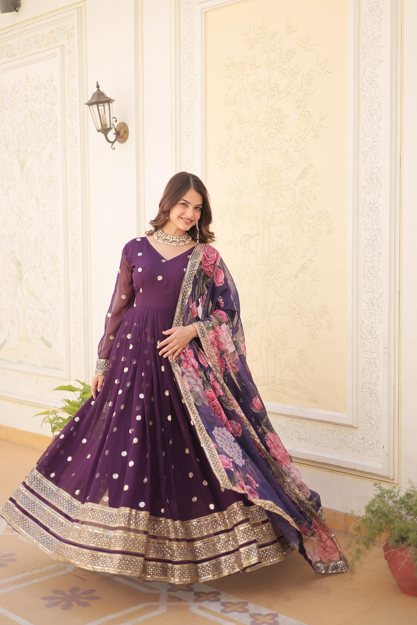 Function Wear Purple, Yellow And Pink Color Faux Georgette Gown